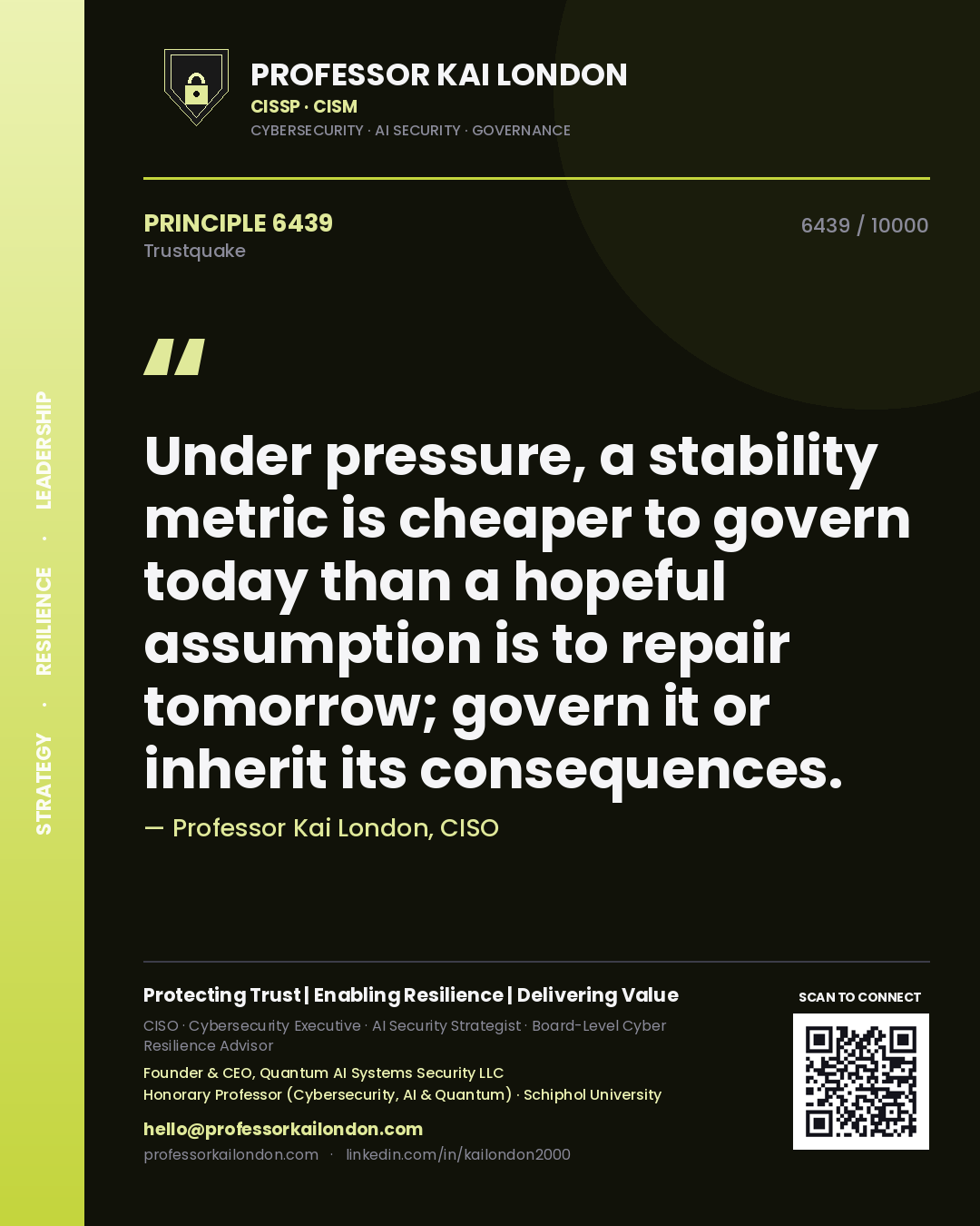 Quote card by Professor Kai London reading 'Under pressure, a stability metric is cheaper to govern today than a hopeful assumption is to repair tomorrow; govern it or inherit its consequences.'. From the book Trustquake.