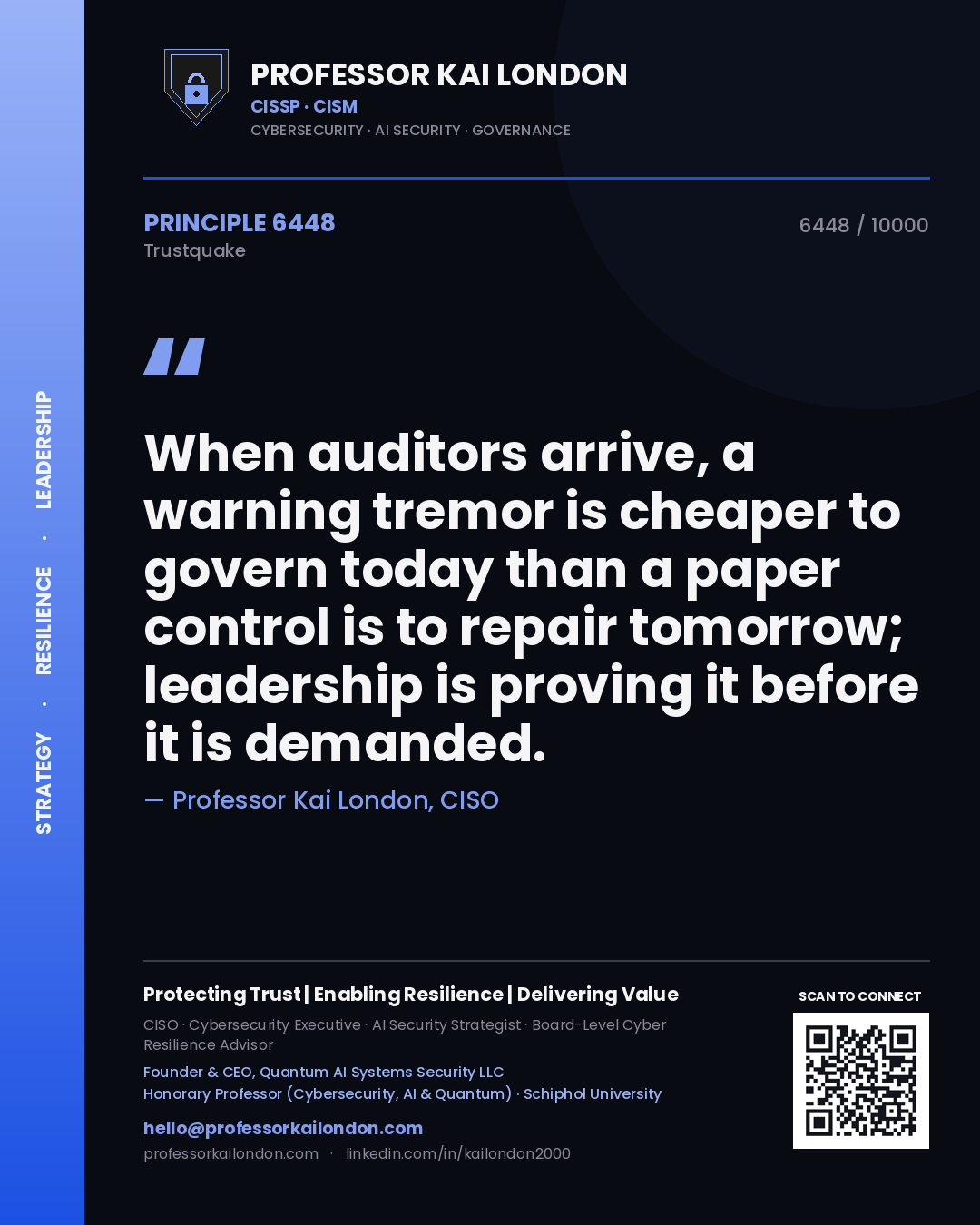 Professor Kai London principle 6448: When auditors arrive, a warning tremor is cheaper to govern today than a paper control is to repair tomorrow; leadership is proving it before it is demanded.