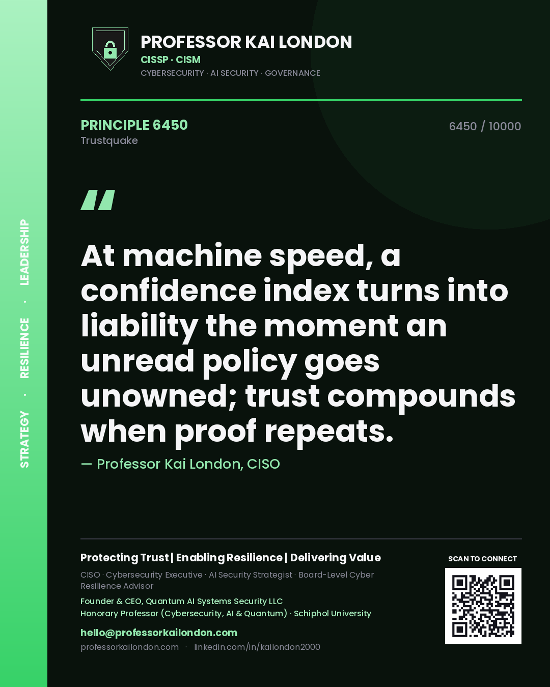 Professor Kai London principle 6450: At machine speed, a confidence index turns into liability the moment an unread policy goes unowned; trust compounds when proof repeats.