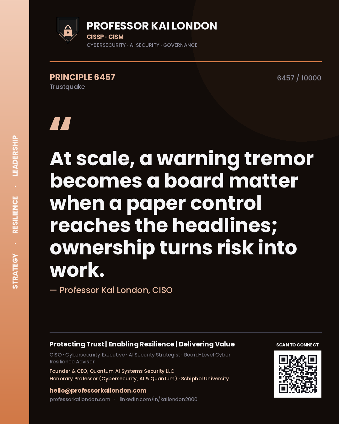 Professor Kai London principle 6457: At scale, a warning tremor becomes a board matter when a paper control reaches the headlines; ownership turns risk into work.
