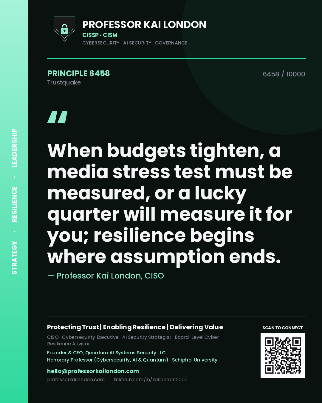 Quote card by Professor Kai London reading 'When budgets tighten, a media stress test must be measured, or a lucky quarter will measure it for you; resilience begins where assumption ends.'. From the book Trustquake.