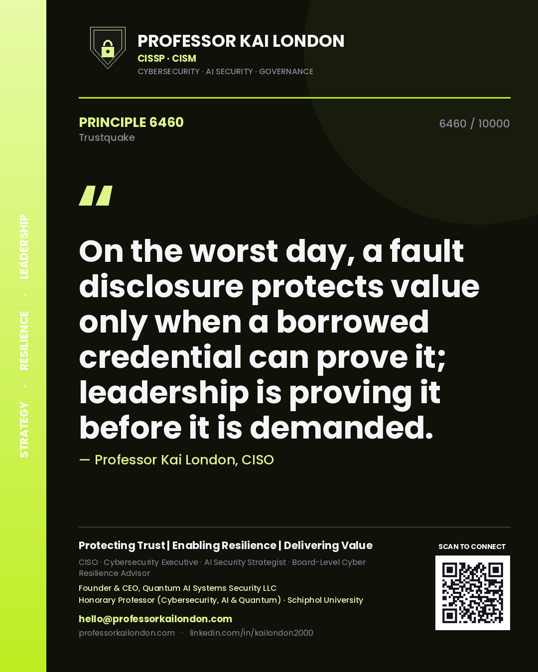 Professor Kai London principle 6460: On the worst day, a fault disclosure protects value only when a borrowed credential can prove it; leadership is proving it before it is demanded.