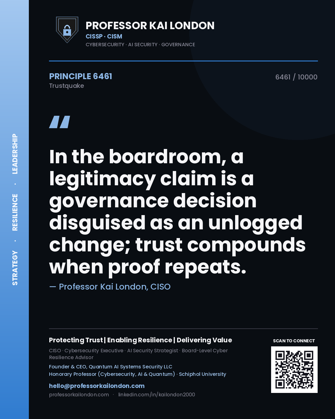 Professor Kai London principle 6461: In the boardroom, a legitimacy claim is a governance decision disguised as an unlogged change; trust compounds when proof repeats.