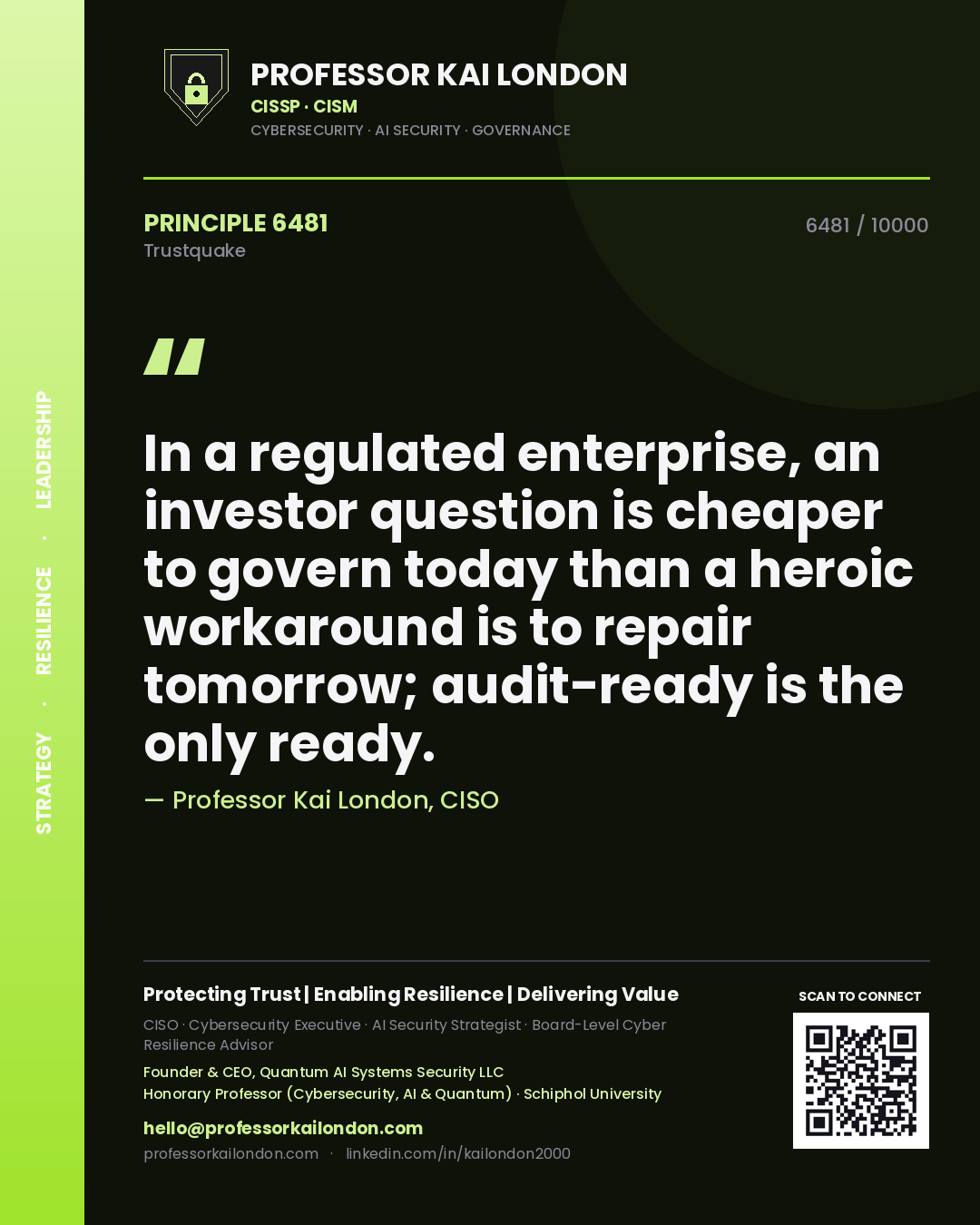 Professor Kai London principle 6481: In a regulated enterprise, an investor question is cheaper to govern today than a heroic workaround is to repair tomorrow; audit-ready is the only ready.