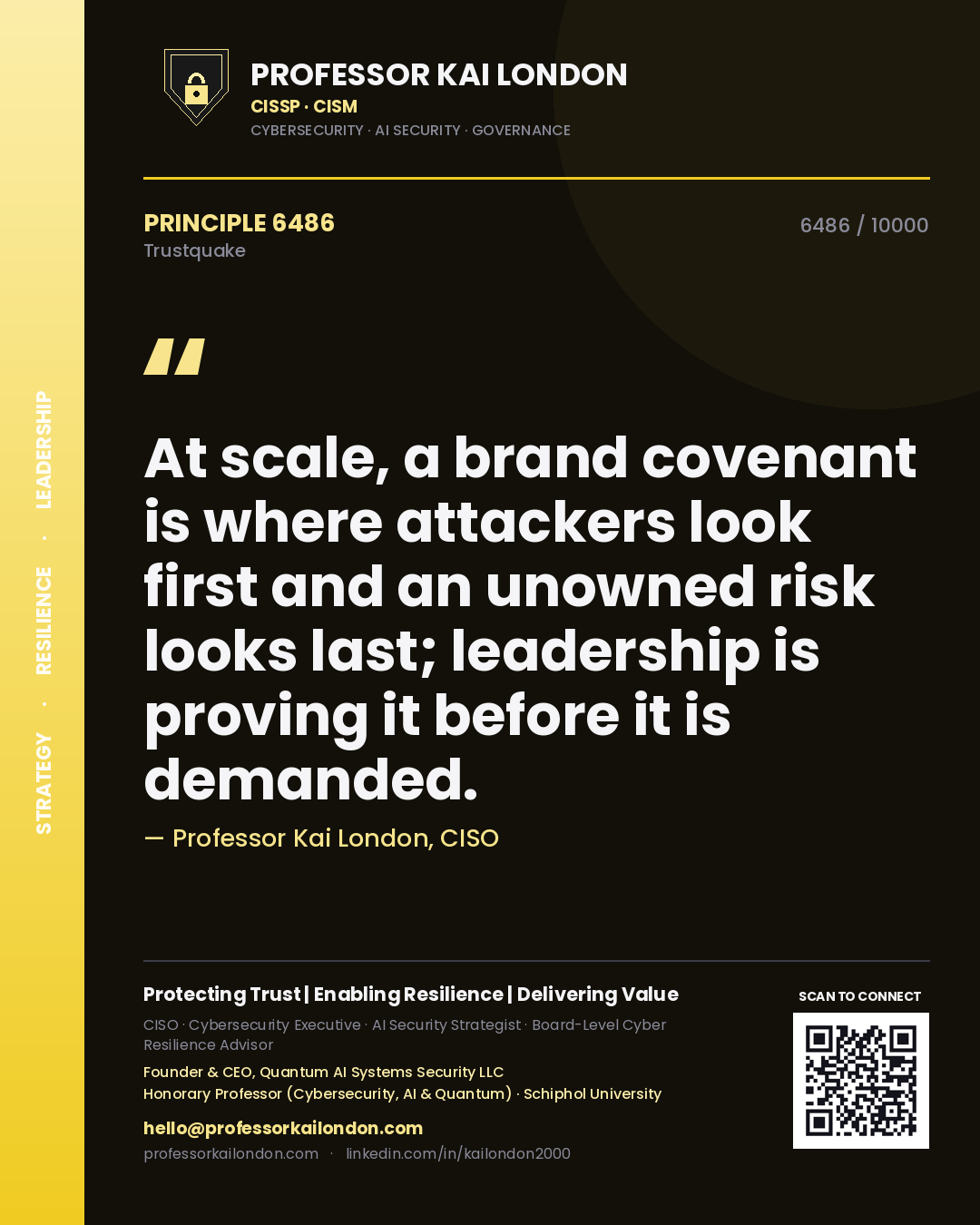 Professor Kai London principle 6486: At scale, a brand covenant is where attackers look first and an unowned risk looks last; leadership is proving it before it is demanded.