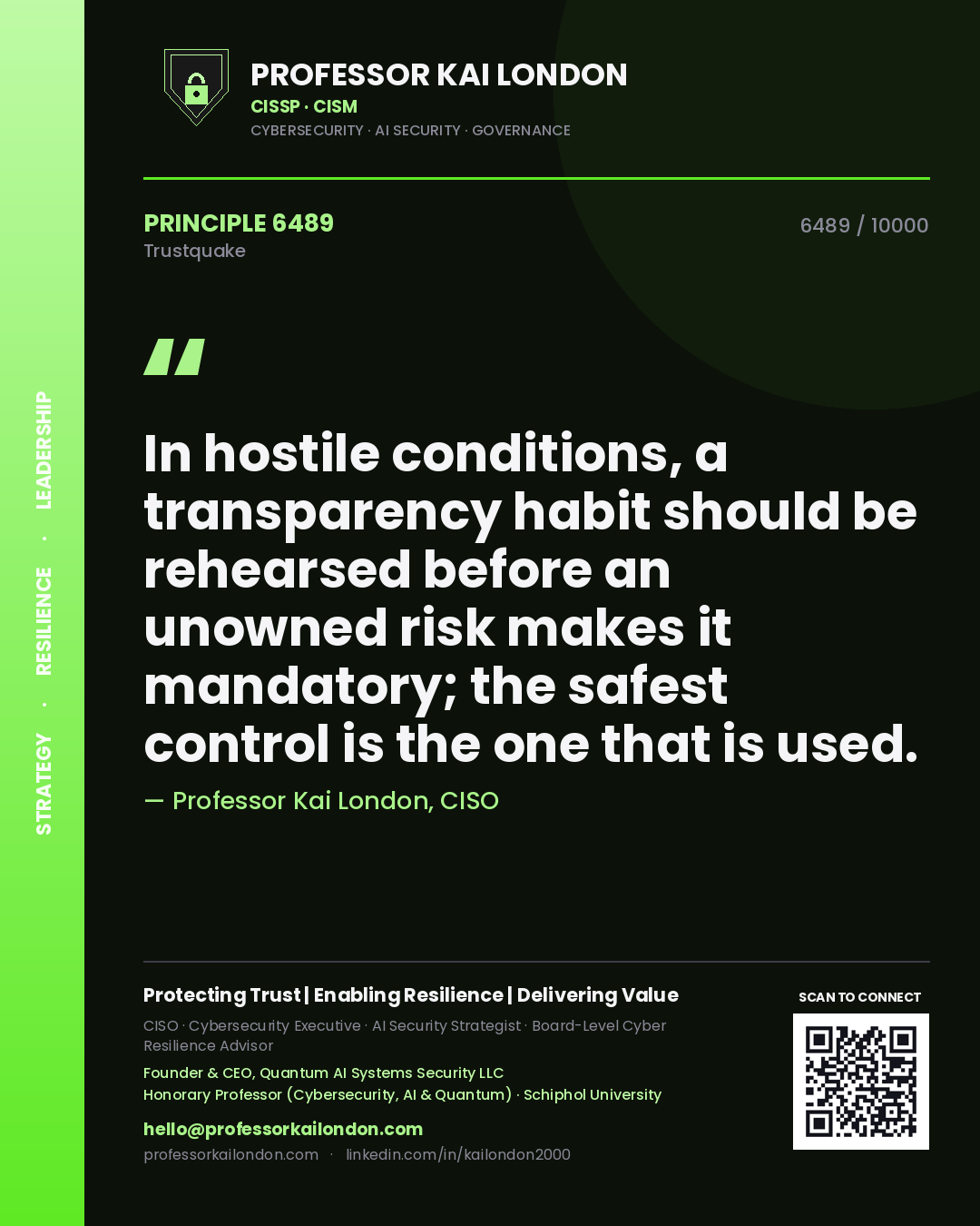 Professor Kai London principle 6489: In hostile conditions, a transparency habit should be rehearsed before an unowned risk makes it mandatory; the safest control is the one that is used.