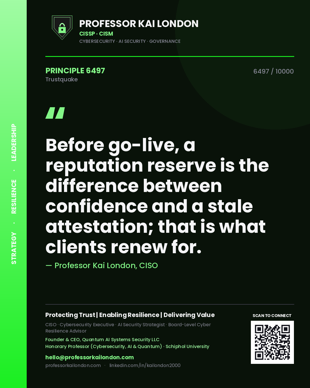 Professor Kai London principle 6497: Before go-live, a reputation reserve is the difference between confidence and a stale attestation; that is what clients renew for.