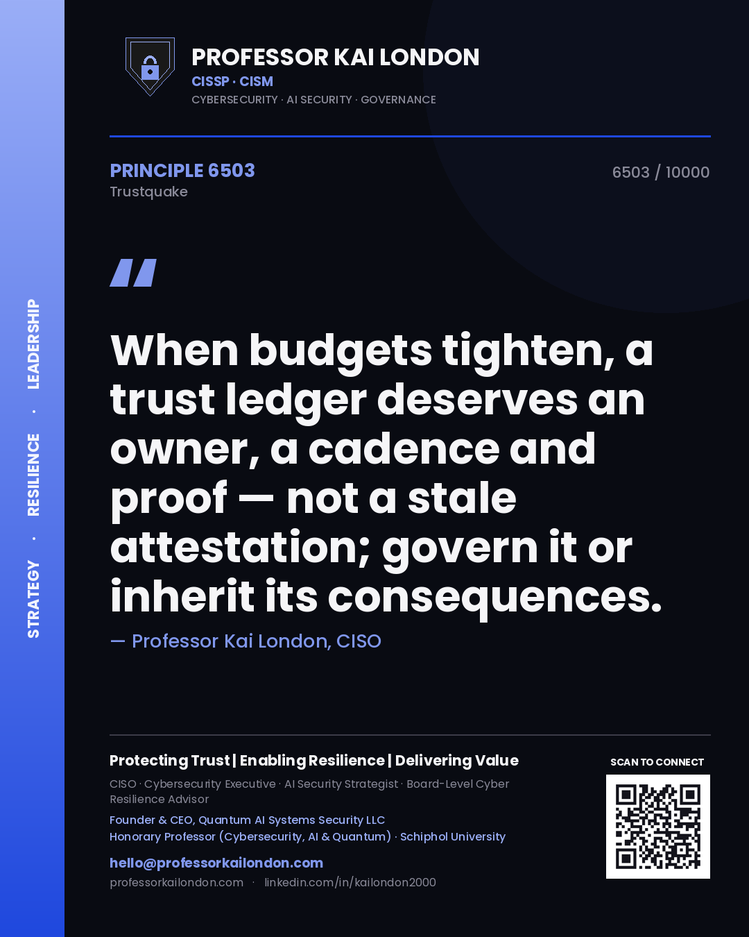 Quote card by Professor Kai London reading 'When budgets tighten, a trust ledger deserves an owner, a cadence and proof — not a stale attestation; govern it or inherit its consequences.'. From the book Trustquake.