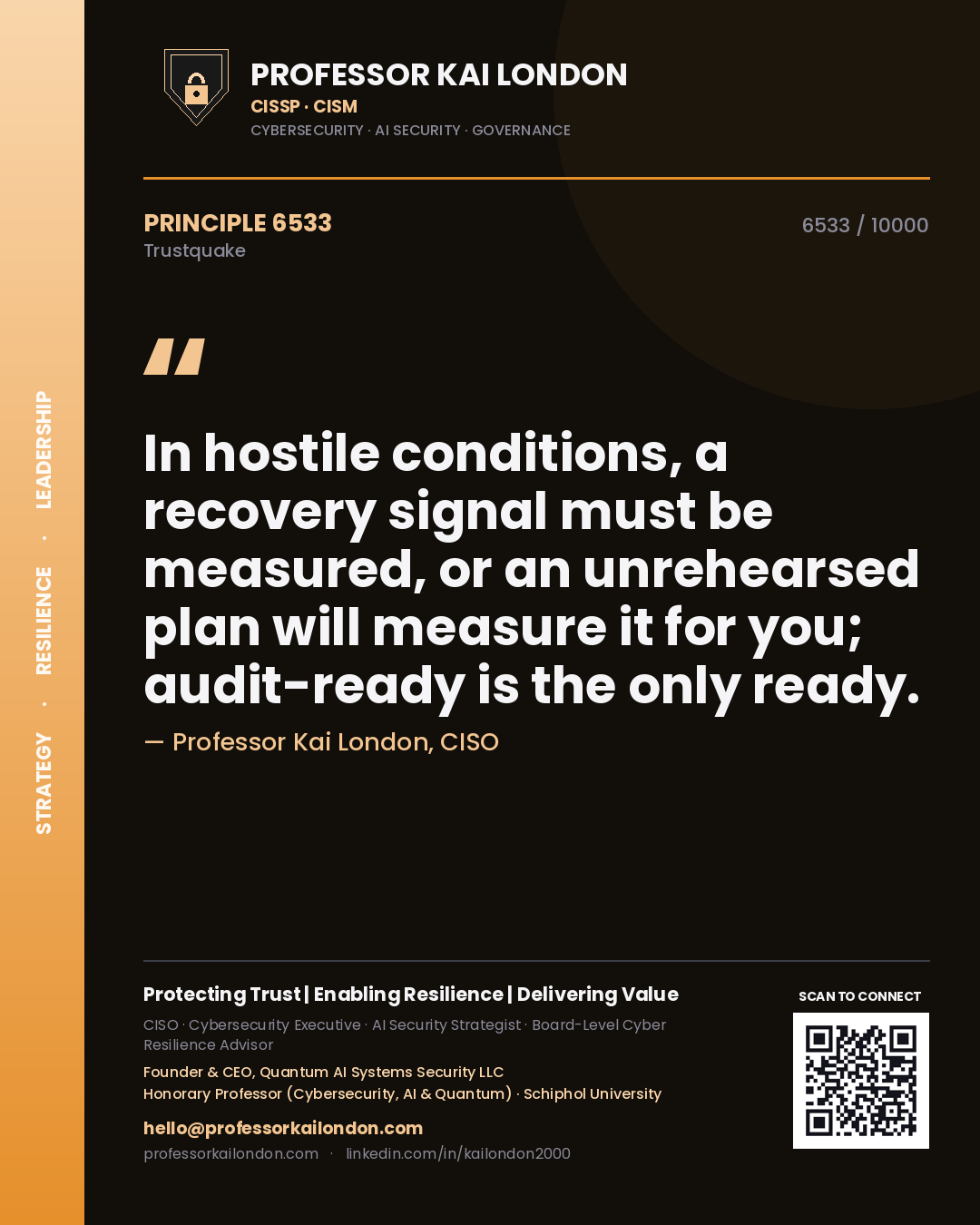 Quote card by Professor Kai London reading 'In hostile conditions, a recovery signal must be measured, or an unrehearsed plan will measure it for you; audit-ready is the only ready.'. From the book Trustquake.