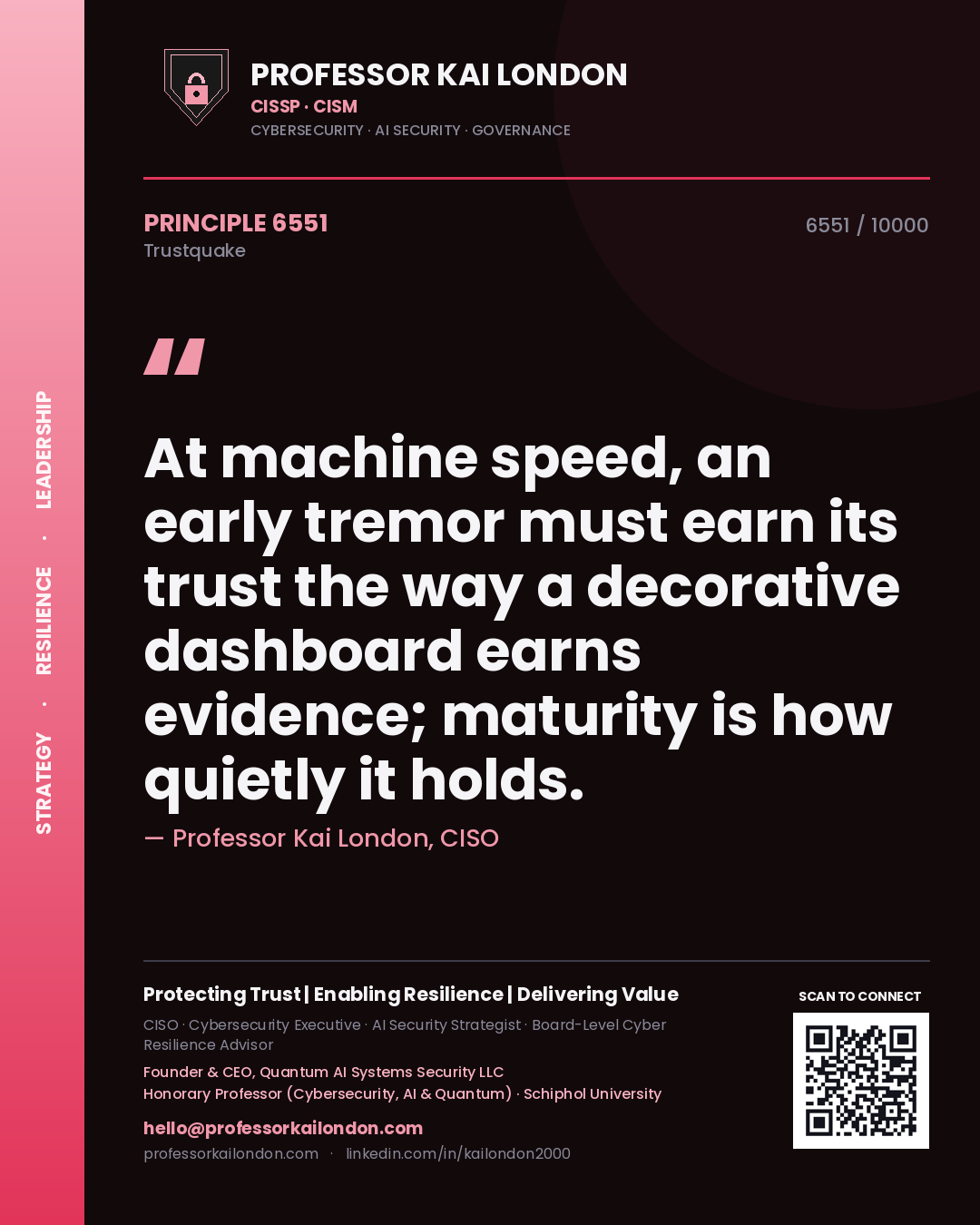 Quote card by Professor Kai London reading 'At machine speed, an early tremor must earn its trust the way a decorative dashboard earns evidence; maturity is how quietly it holds.'. From the book Trustquake.