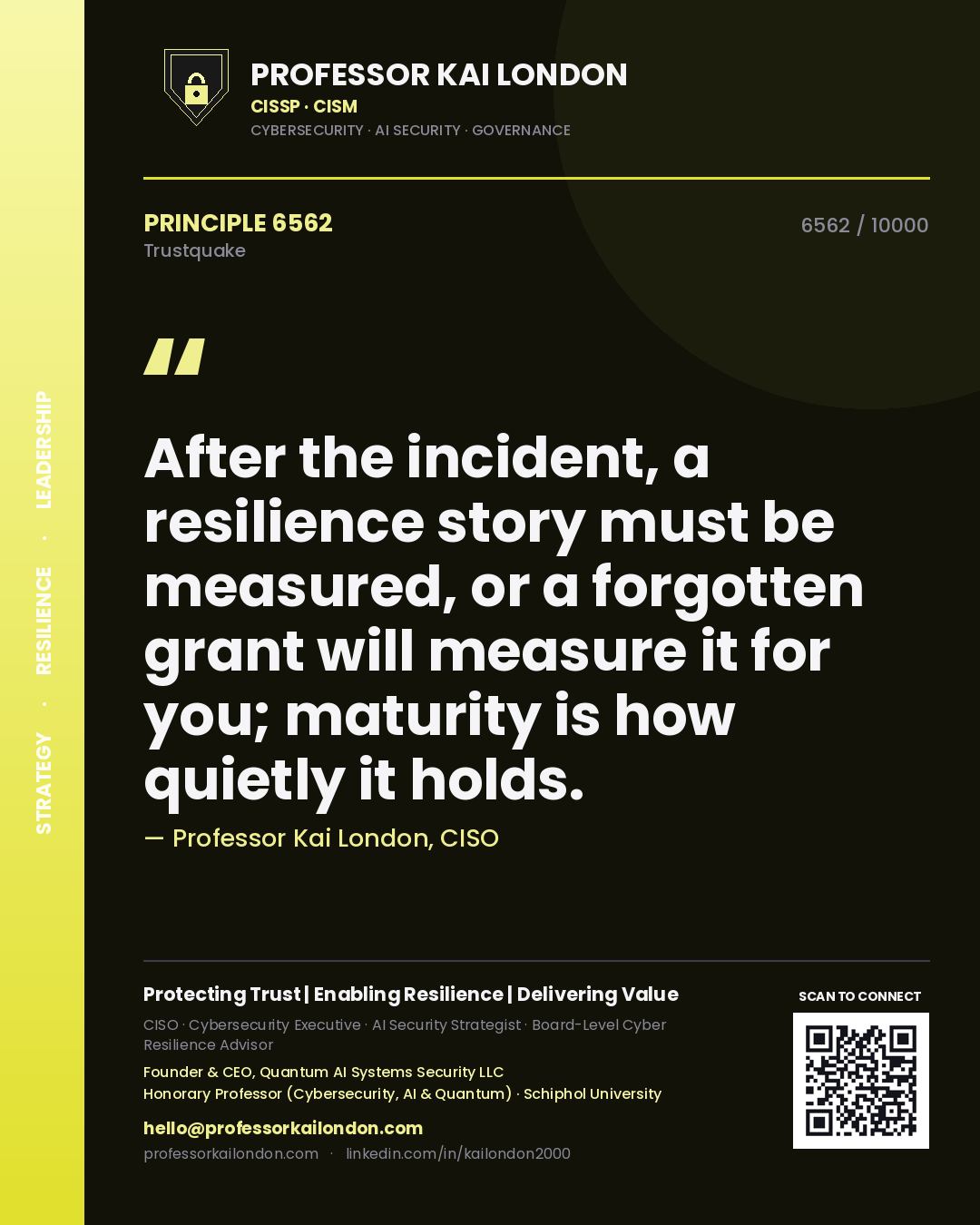 Quote card by Professor Kai London reading 'After the incident, a resilience story must be measured, or a forgotten grant will measure it for you; maturity is how quietly it holds.'. From the book Trustquake.