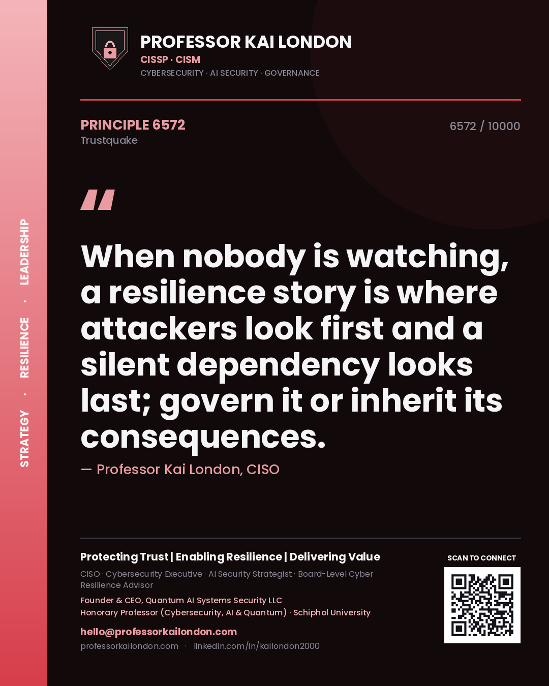 Quote card by Professor Kai London reading 'When nobody is watching, a resilience story is where attackers look first and a silent dependency looks last; govern it or inherit its consequences.'. From the book Trustquake.