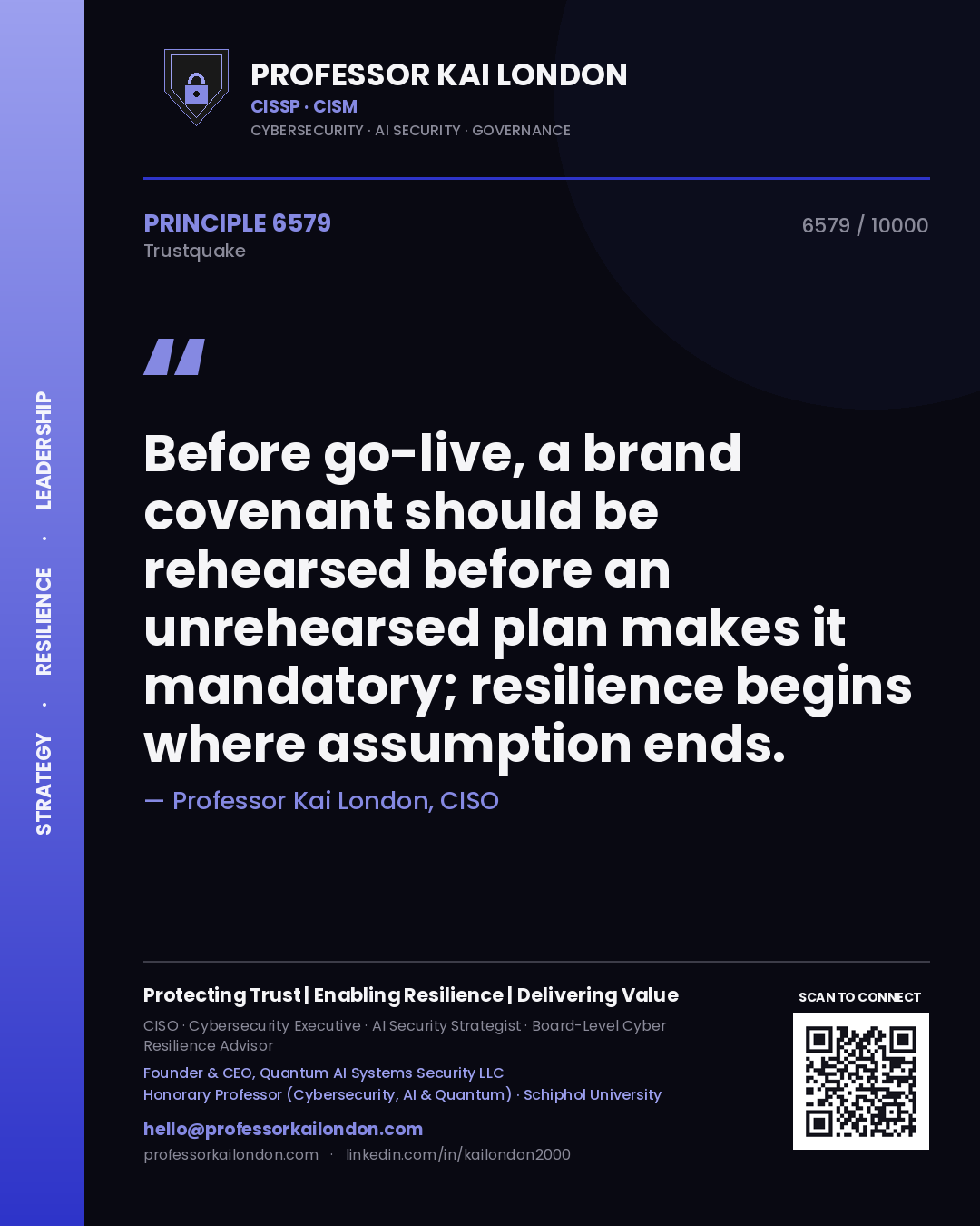 Quote card by Professor Kai London reading 'Before go-live, a brand covenant should be rehearsed before an unrehearsed plan makes it mandatory; resilience begins where assumption ends.'. From the book Trustquake.
