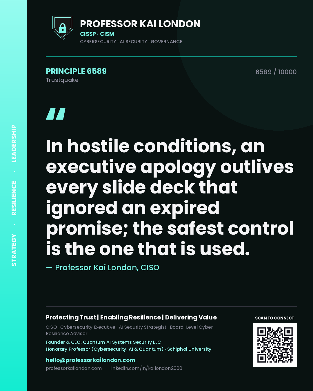 Quote card by Professor Kai London reading 'In hostile conditions, an executive apology outlives every slide deck that ignored an expired promise; the safest control is the one that is used.'. From the book Trustquake.