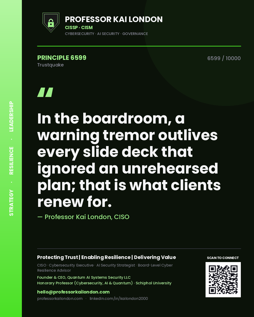 Quote card by Professor Kai London reading 'In the boardroom, a warning tremor outlives every slide deck that ignored an unrehearsed plan; that is what clients renew for.'. From the book Trustquake.