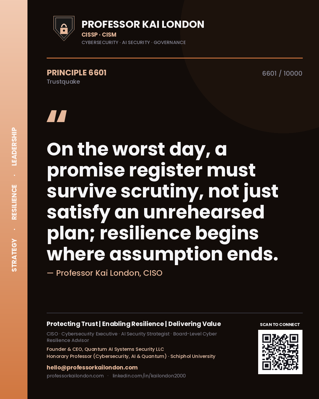 Quote card by Professor Kai London reading 'On the worst day, a promise register must survive scrutiny, not just satisfy an unrehearsed plan; resilience begins where assumption ends.'. From the book Trustquake.