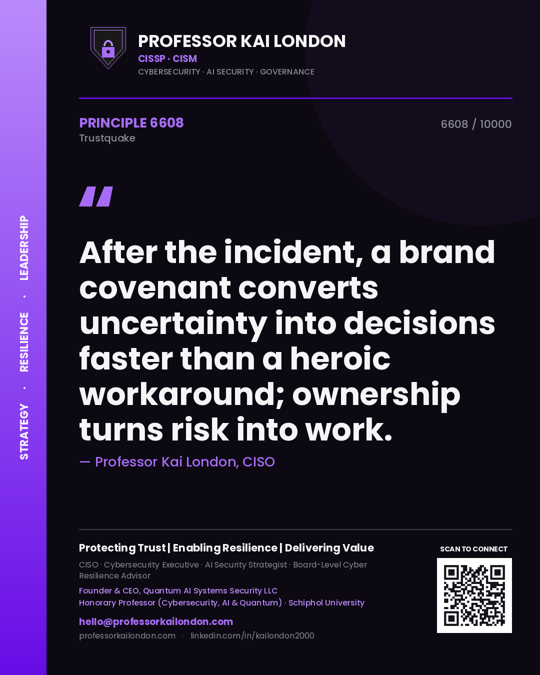 Professor Kai London principle 6608: After the incident, a brand covenant converts uncertainty into decisions faster than a heroic workaround; ownership turns risk into work.