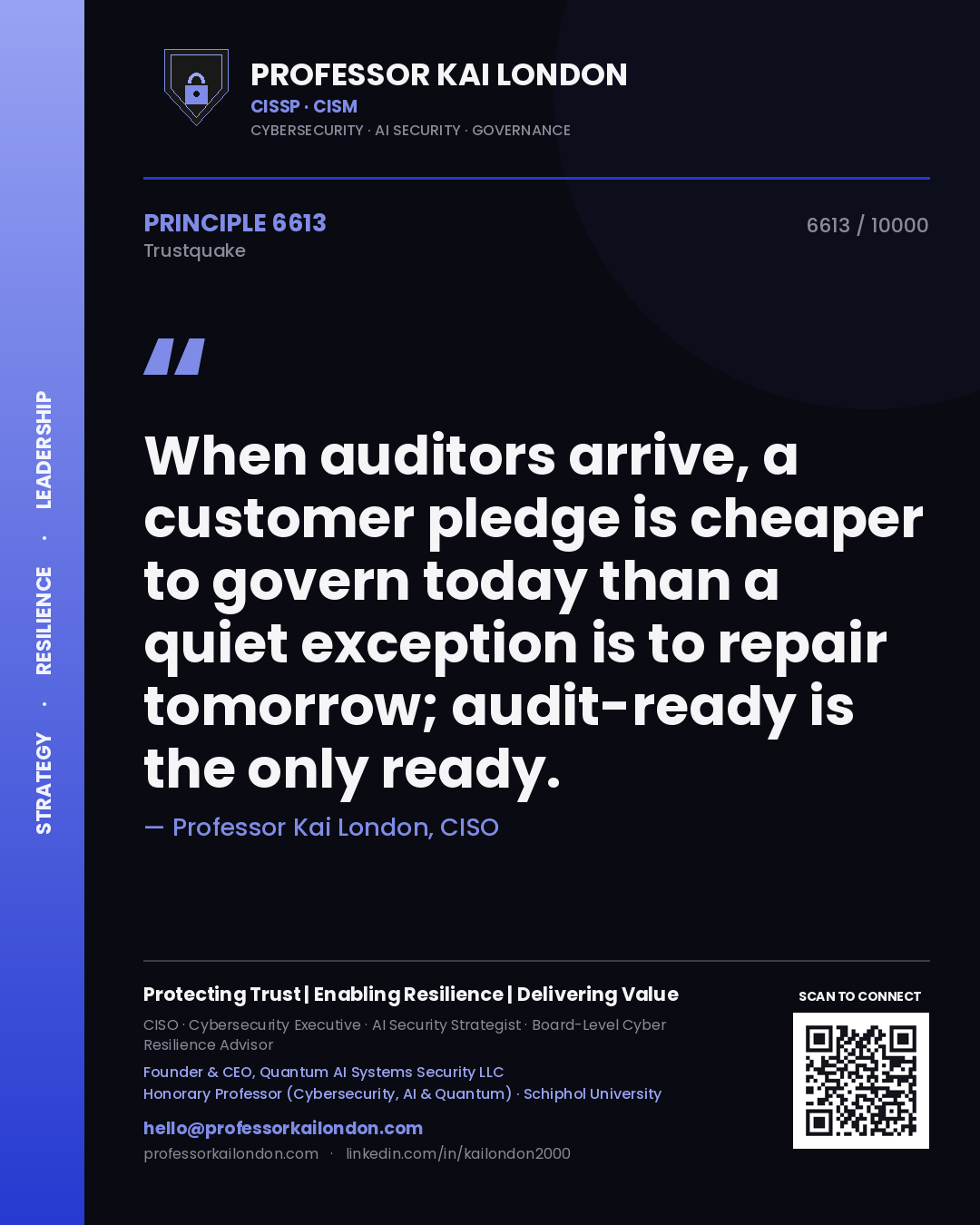Quote card by Professor Kai London reading 'When auditors arrive, a customer pledge is cheaper to govern today than a quiet exception is to repair tomorrow; audit-ready is the only ready.'. From the book Trustquake.