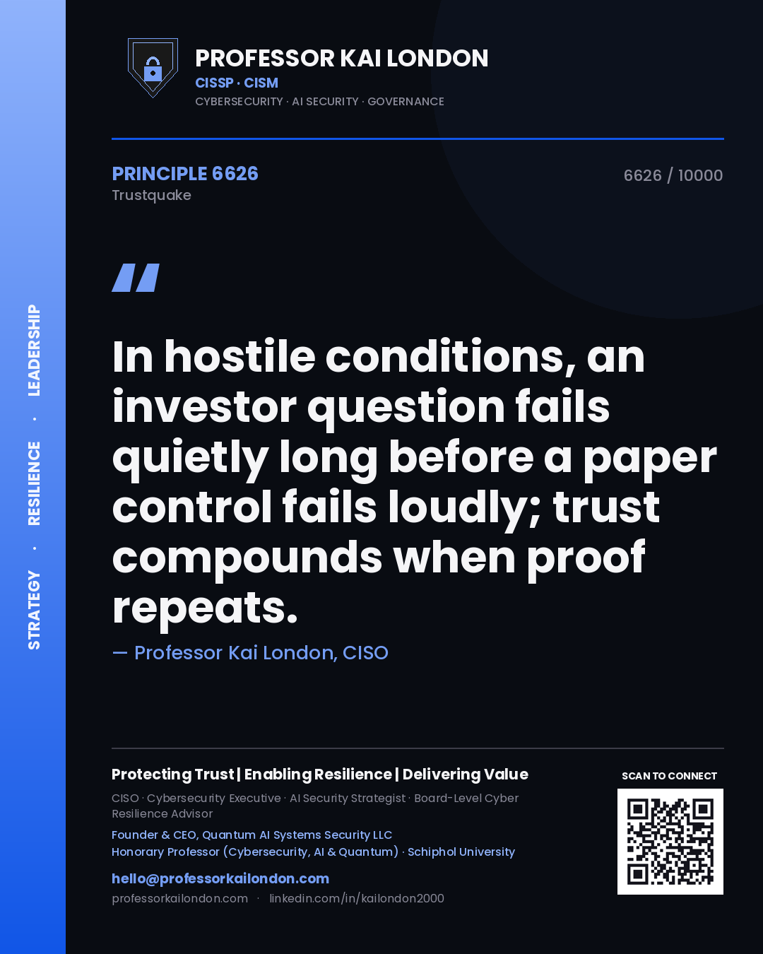 Professor Kai London principle 6626: In hostile conditions, an investor question fails quietly long before a paper control fails loudly; trust compounds when proof repeats.