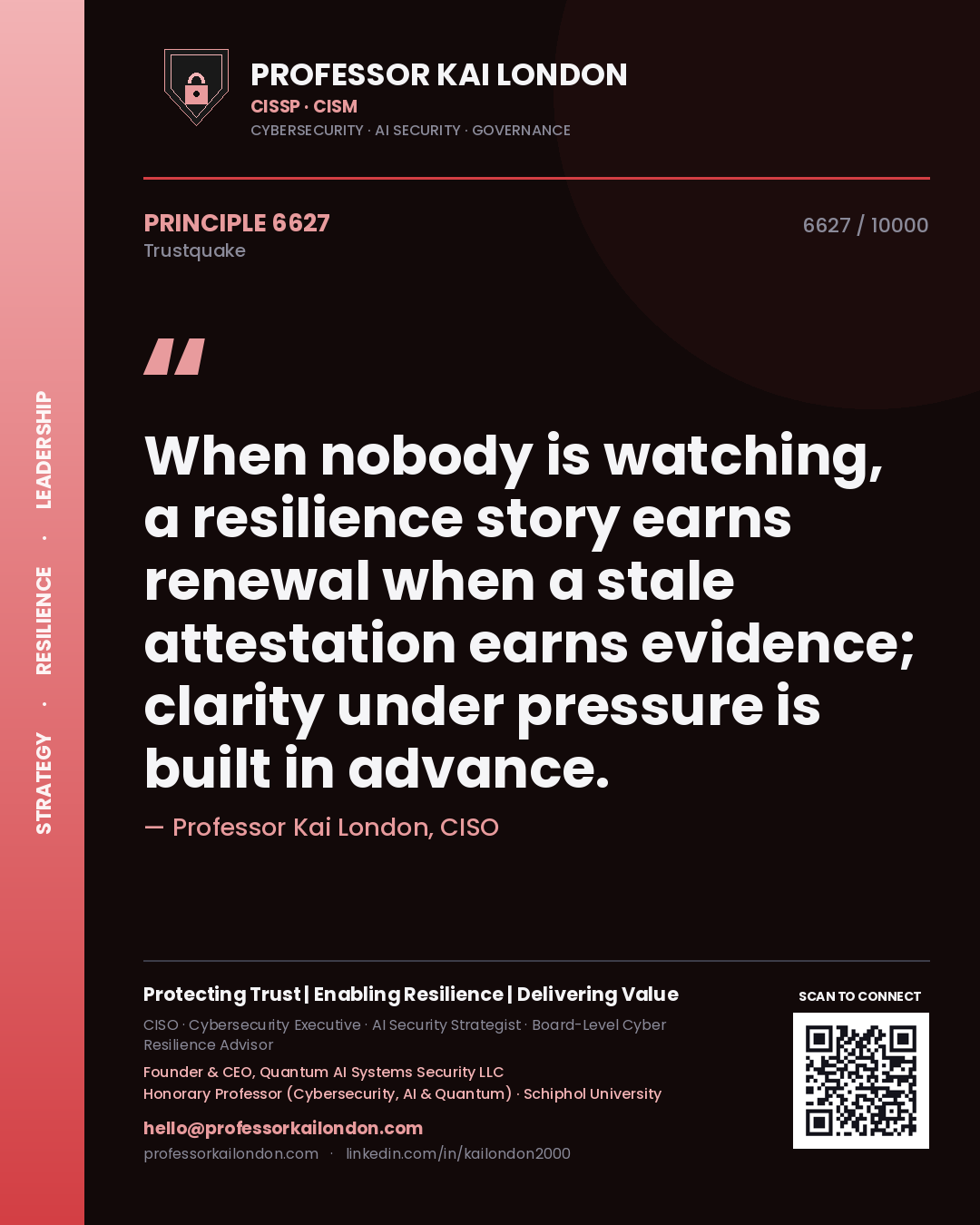 Quote card by Professor Kai London reading 'When nobody is watching, a resilience story earns renewal when a stale attestation earns evidence; clarity under pressure is built in advance.'. From the book Trustquake.
