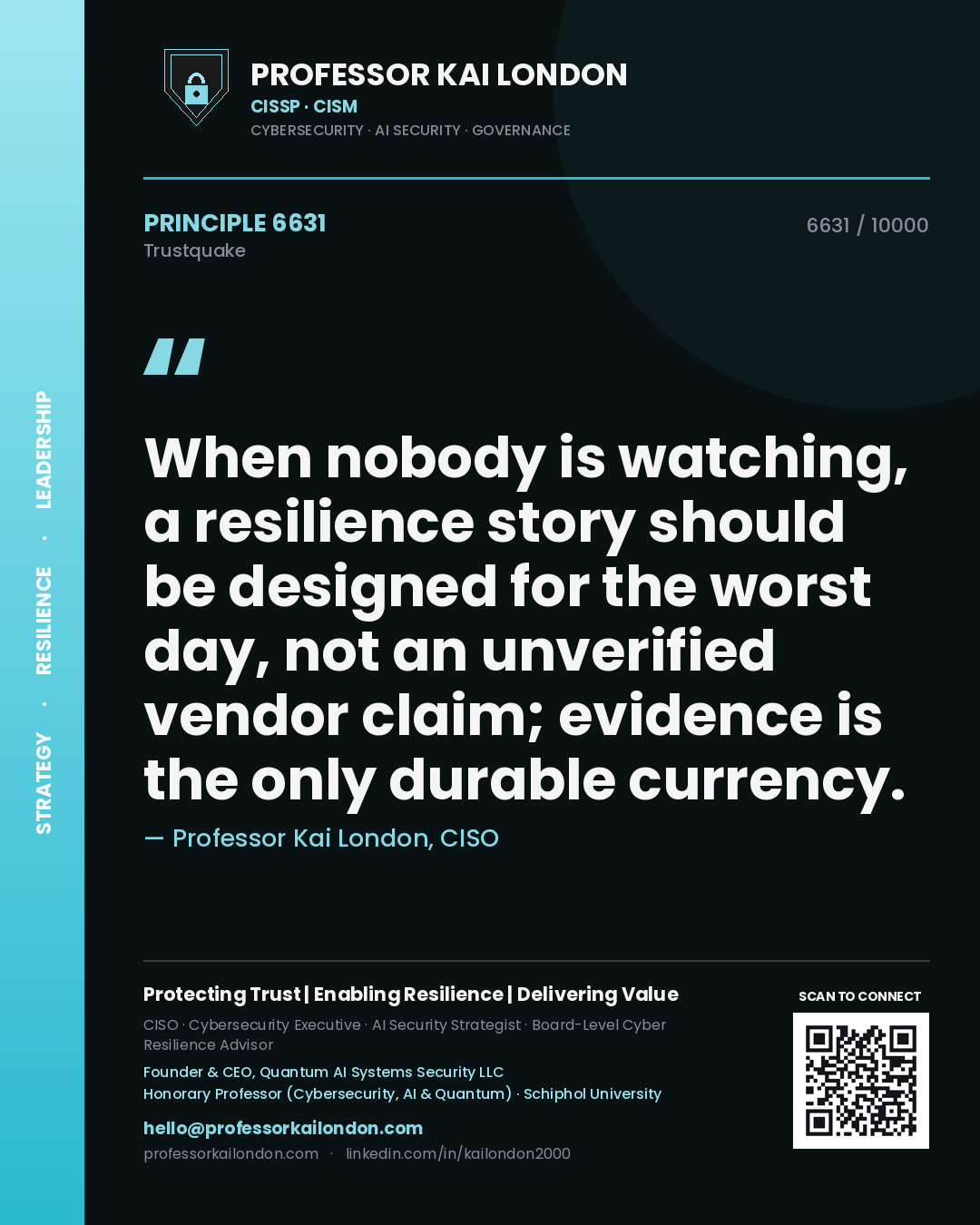 Quote card by Professor Kai London reading 'When nobody is watching, a resilience story should be designed for the worst day, not an unverified vendor claim; evidence is the only durable currency.'. From the book Trustquake.