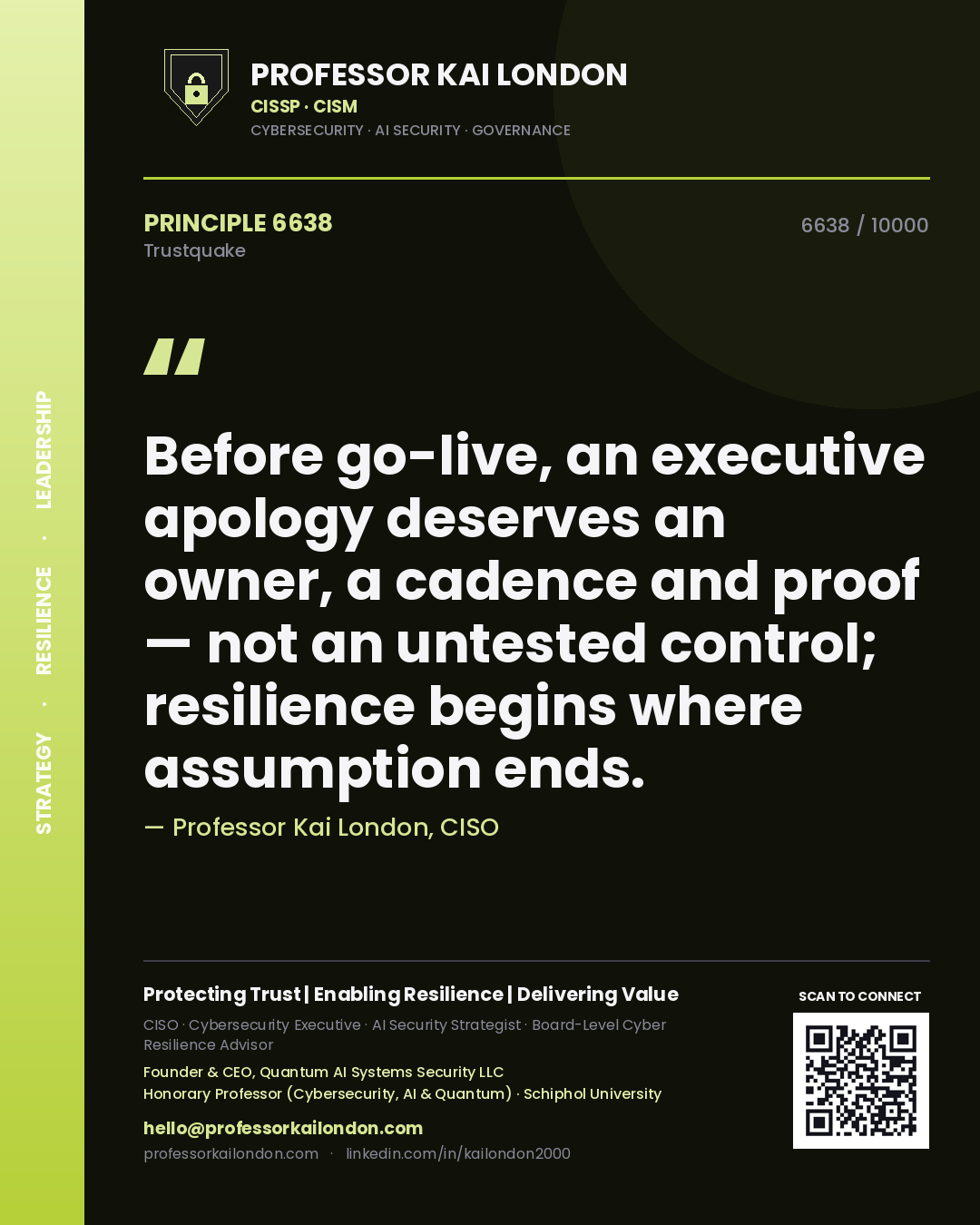 Quote card by Professor Kai London reading 'Before go-live, an executive apology deserves an owner, a cadence and proof — not an untested control; resilience begins where assumption ends.'. From the book Trustquake.