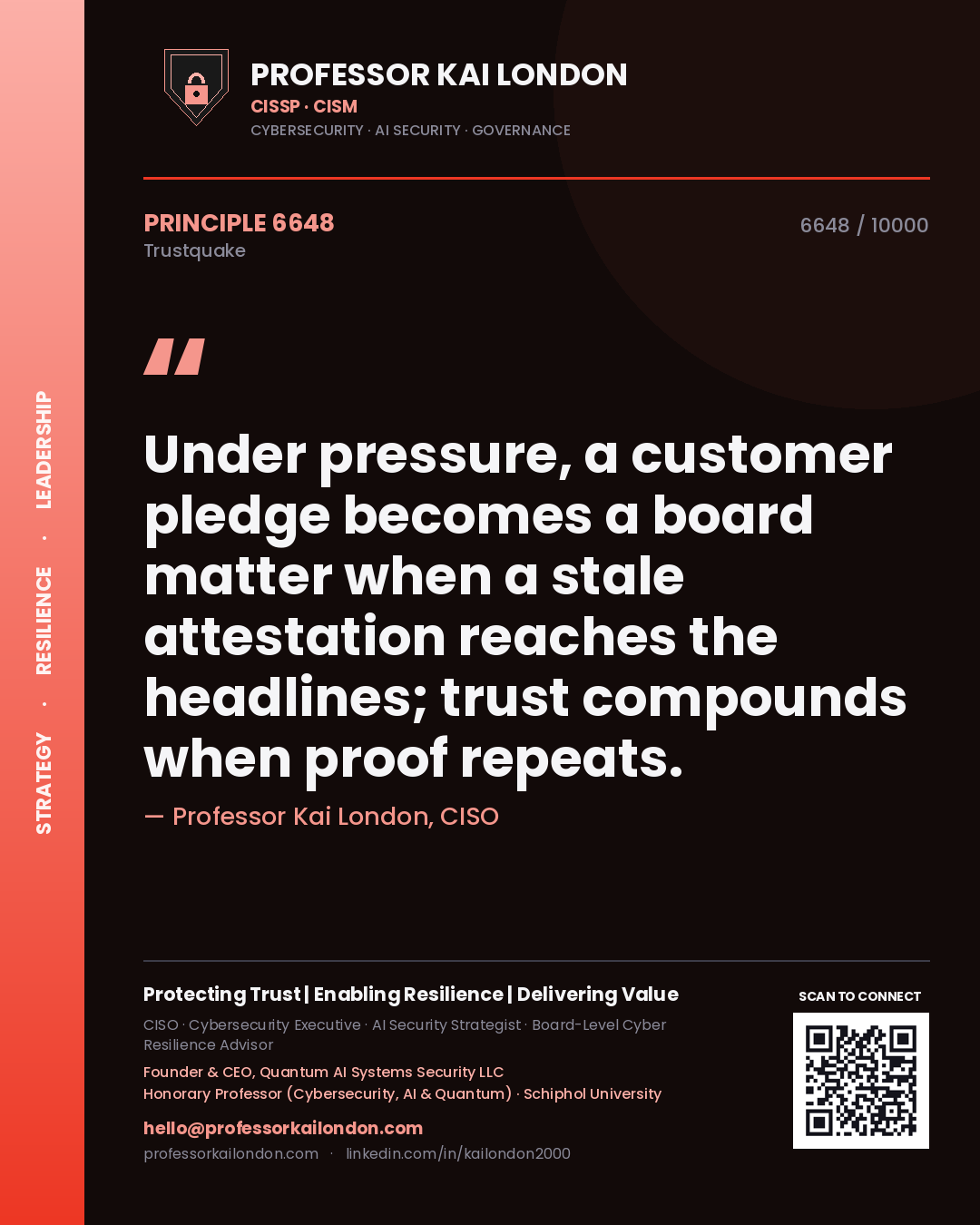 Quote card by Professor Kai London reading 'Under pressure, a customer pledge becomes a board matter when a stale attestation reaches the headlines; trust compounds when proof repeats.'. From the book Trustquake.