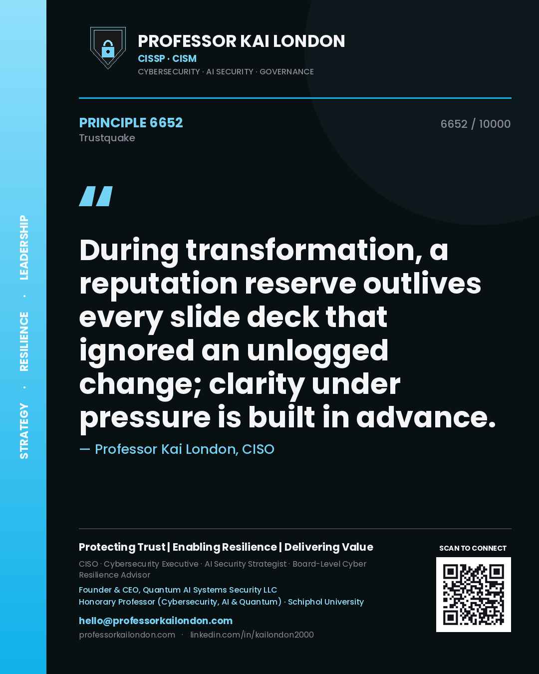 Quote card by Professor Kai London reading 'During transformation, a reputation reserve outlives every slide deck that ignored an unlogged change; clarity under pressure is built in advance.'. From the book Trustquake.