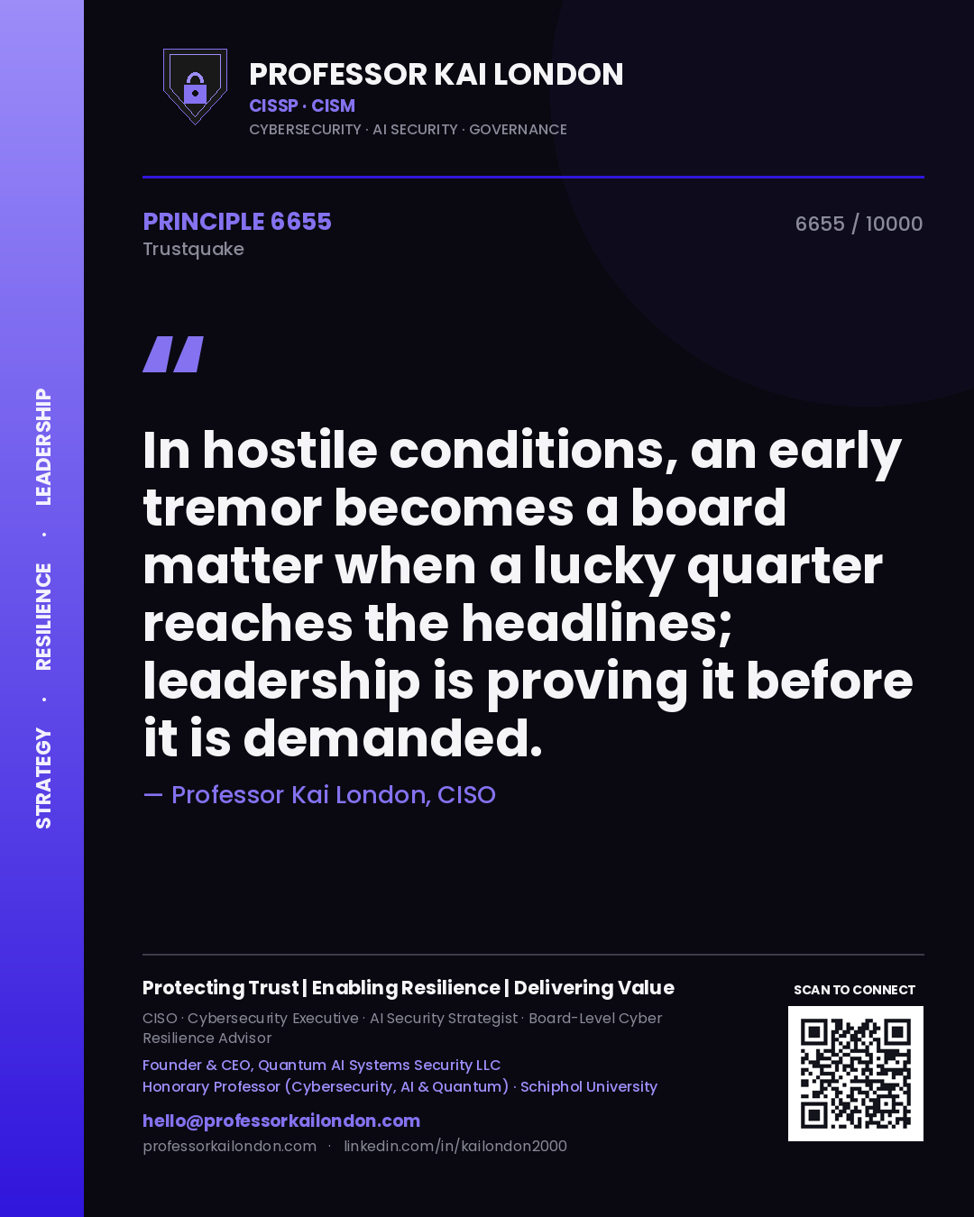 Quote card by Professor Kai London reading 'In hostile conditions, an early tremor becomes a board matter when a lucky quarter reaches the headlines; leadership is proving it before it is demanded.'. From the book Trustquake.