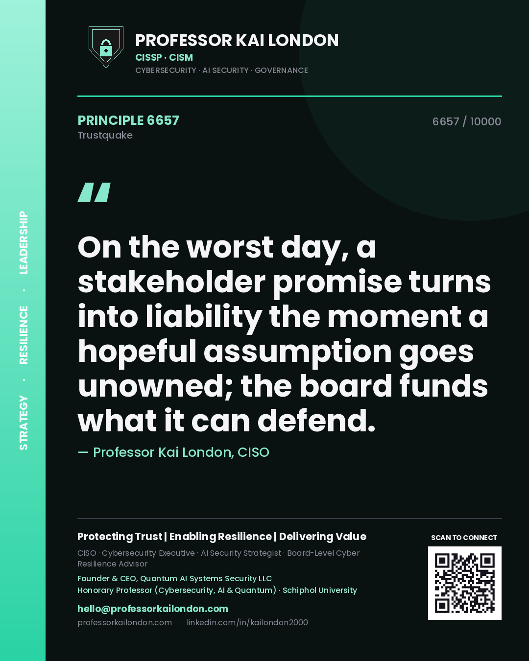 Professor Kai London principle 6657: On the worst day, a stakeholder promise turns into liability the moment a hopeful assumption goes unowned; the board funds what it can defend.