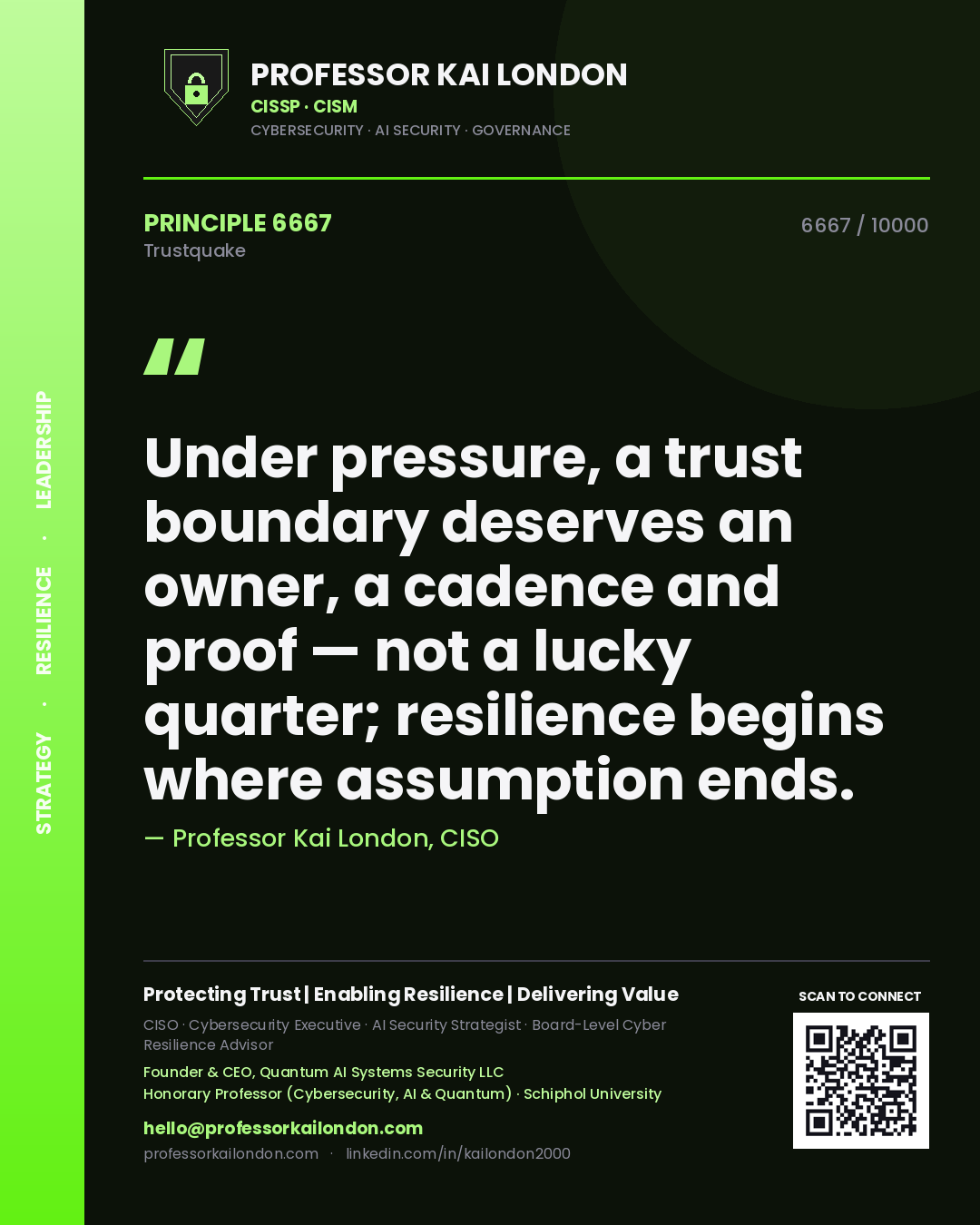 Quote card by Professor Kai London reading 'Under pressure, a trust boundary deserves an owner, a cadence and proof — not a lucky quarter; resilience begins where assumption ends.'. From the book Trustquake.