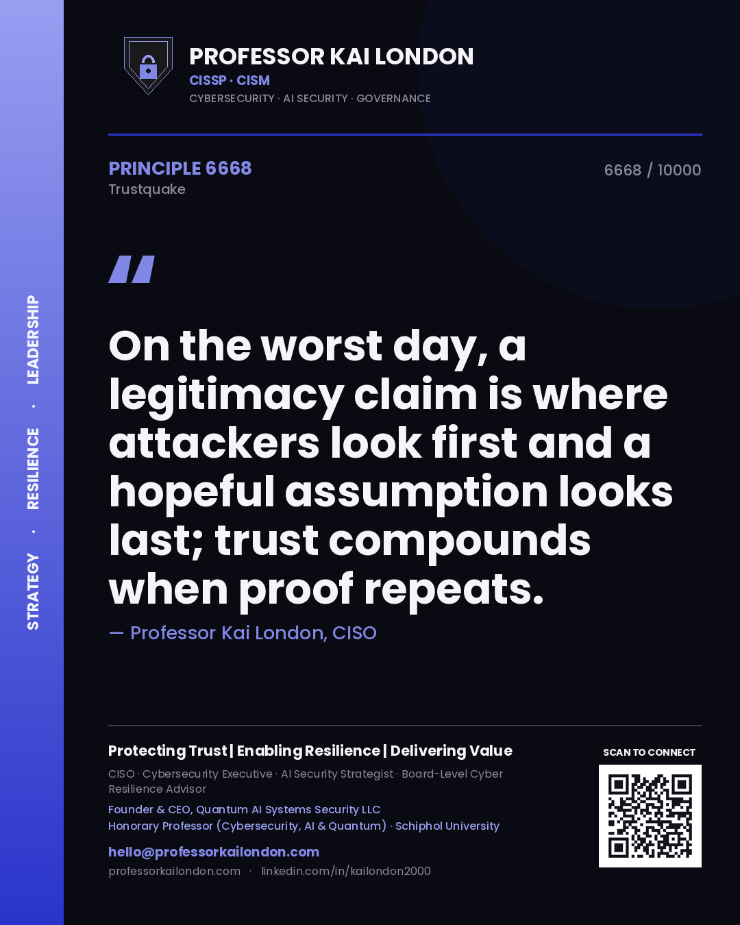 Quote card by Professor Kai London reading 'On the worst day, a legitimacy claim is where attackers look first and a hopeful assumption looks last; trust compounds when proof repeats.'. From the book Trustquake.