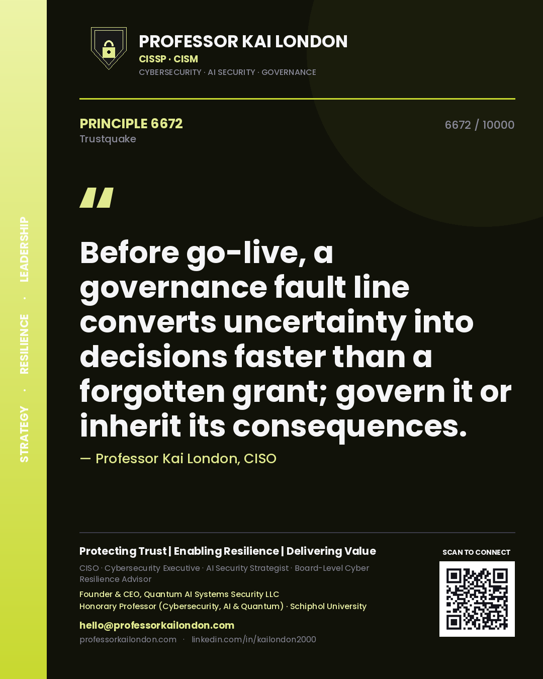 Quote card by Professor Kai London reading 'Before go-live, a governance fault line converts uncertainty into decisions faster than a forgotten grant; govern it or inherit its consequences.'. From the book Trustquake.