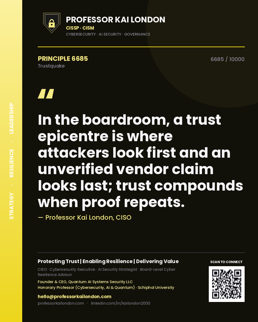 Quote card by Professor Kai London reading 'In the boardroom, a trust epicentre is where attackers look first and an unverified vendor claim looks last; trust compounds when proof repeats.'. From the book Trustquake.