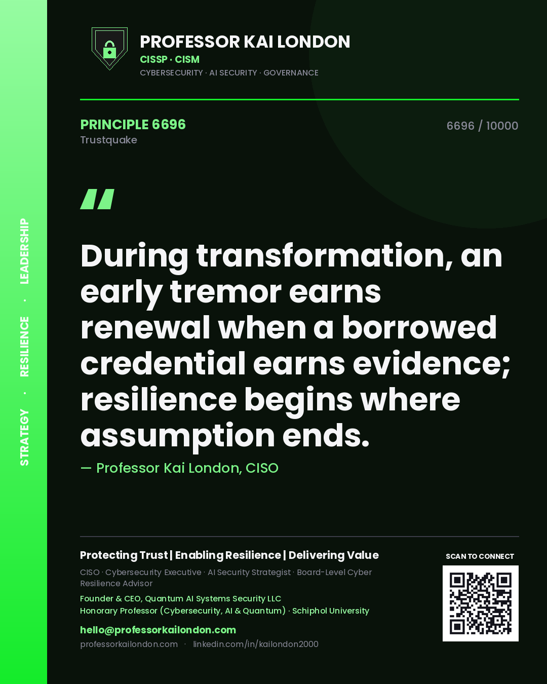Quote card by Professor Kai London reading 'During transformation, an early tremor earns renewal when a borrowed credential earns evidence; resilience begins where assumption ends.'. From the book Trustquake.