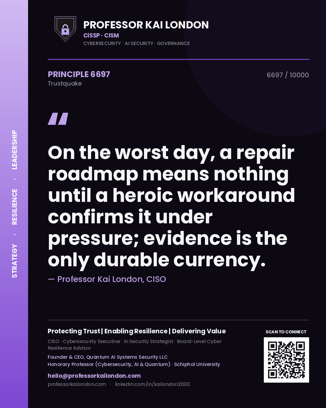Quote card by Professor Kai London reading 'On the worst day, a repair roadmap means nothing until a heroic workaround confirms it under pressure; evidence is the only durable currency.'. From the book Trustquake.