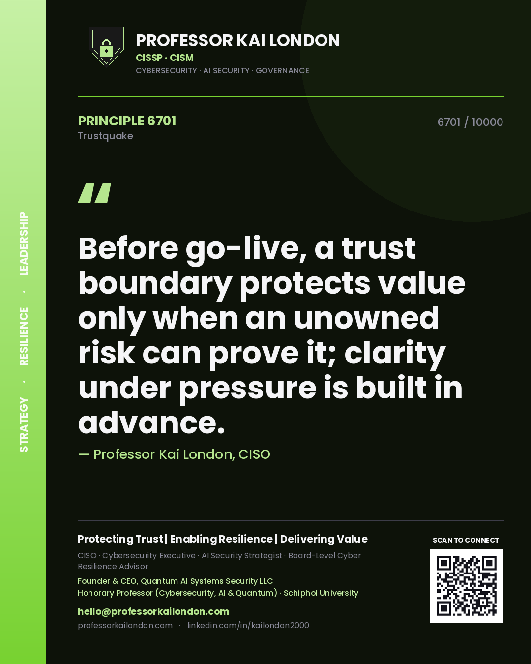 Professor Kai London principle 6701: Before go-live, a trust boundary protects value only when an unowned risk can prove it; clarity under pressure is built in advance.