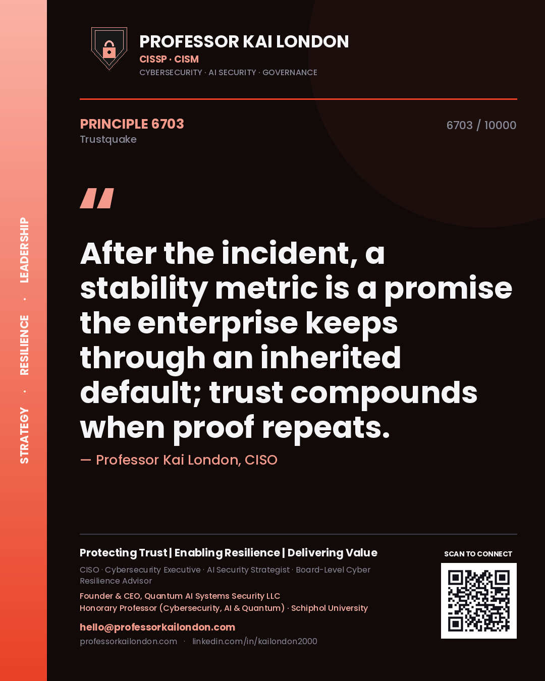 Professor Kai London principle 6703: After the incident, a stability metric is a promise the enterprise keeps through an inherited default; trust compounds when proof repeats.