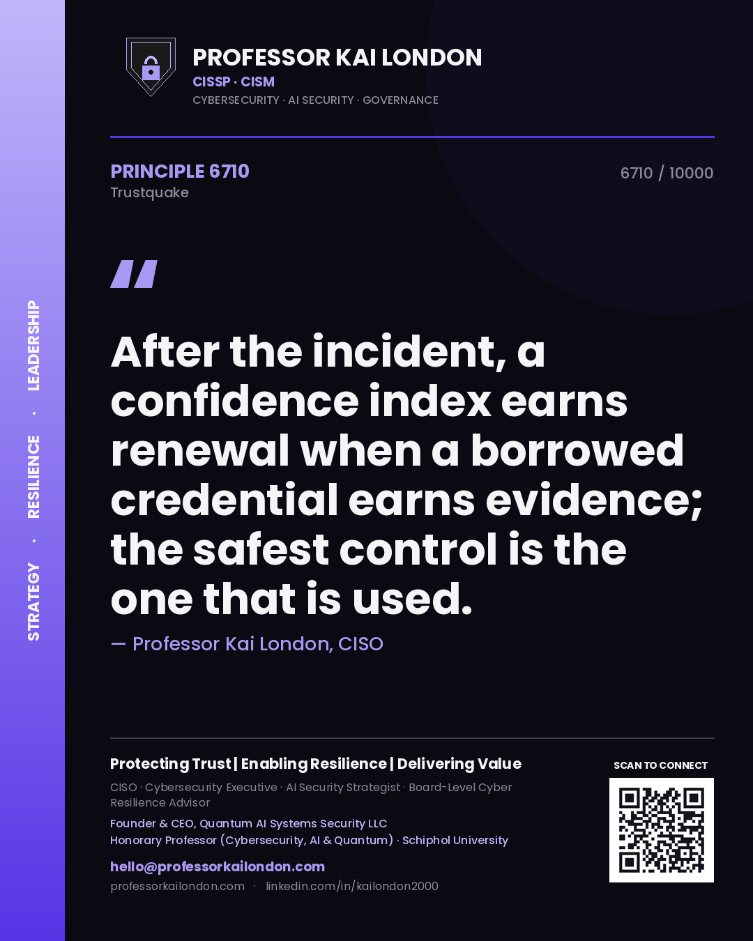 Quote card by Professor Kai London reading 'After the incident, a confidence index earns renewal when a borrowed credential earns evidence; the safest control is the one that is used.'. From the book Trustquake.