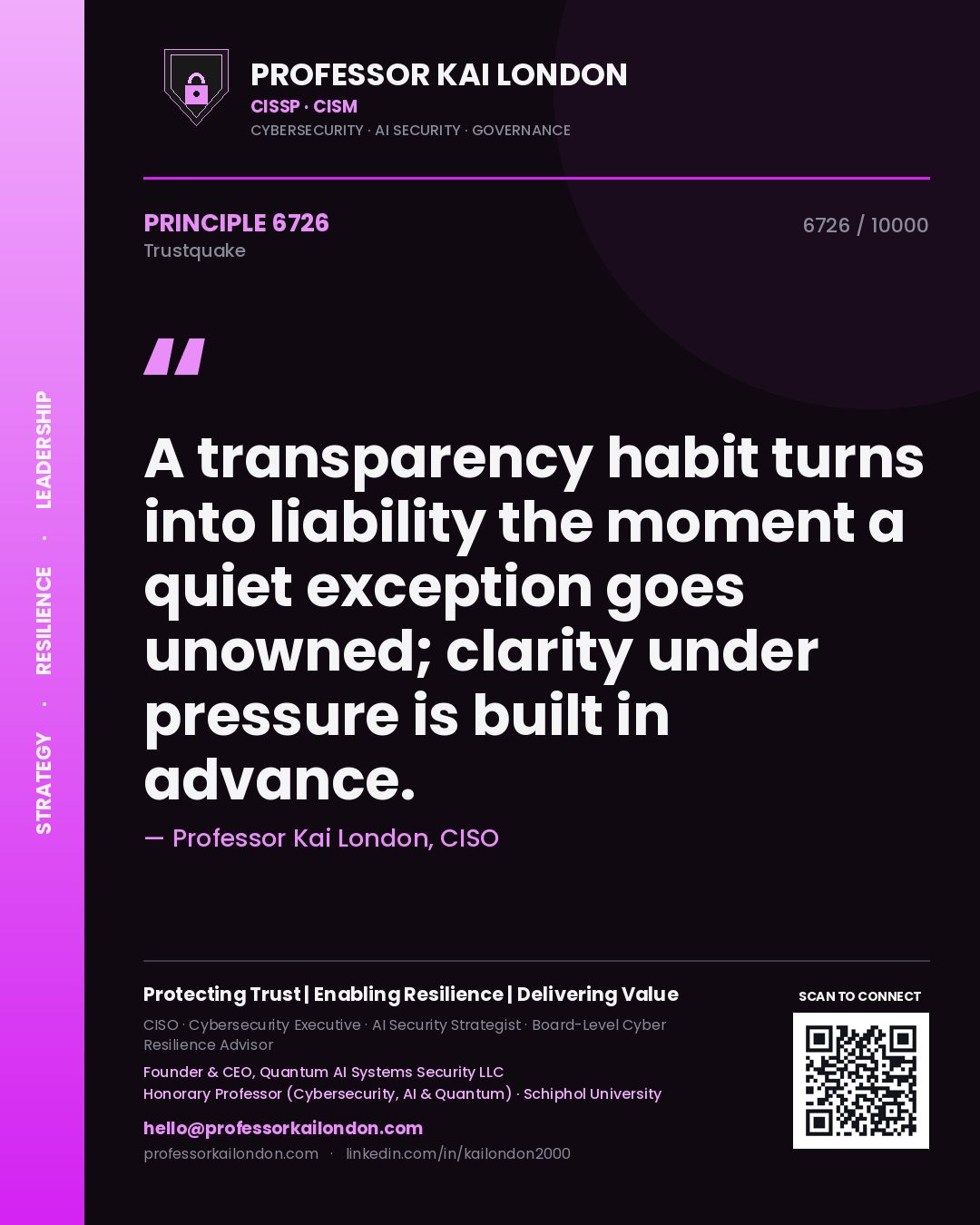 Professor Kai London principle 6726: A transparency habit turns into liability the moment a quiet exception goes unowned; clarity under pressure is built in advance.