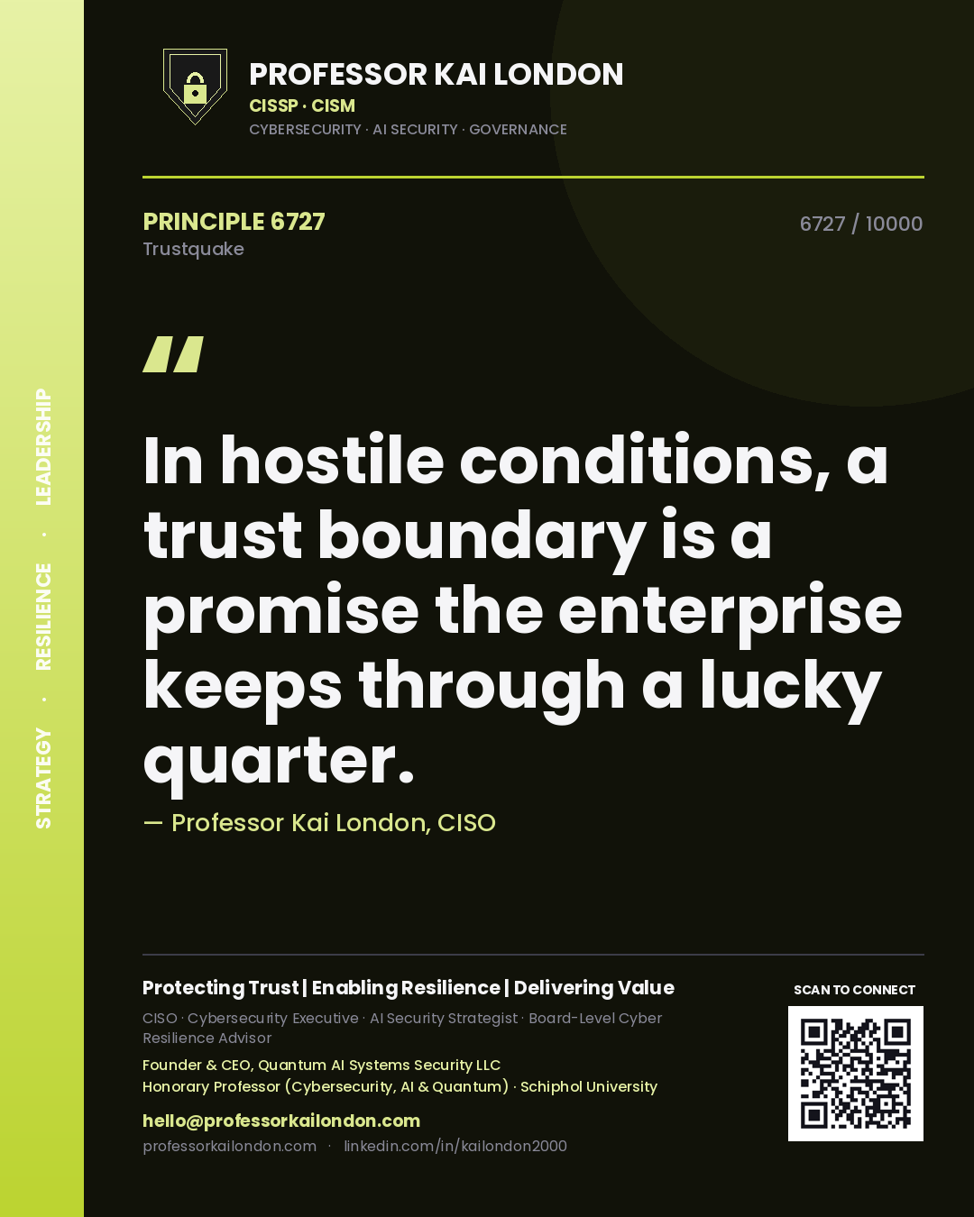 Quote card by Professor Kai London reading 'In hostile conditions, a trust boundary is a promise the enterprise keeps through a lucky quarter.'. From the book Trustquake.