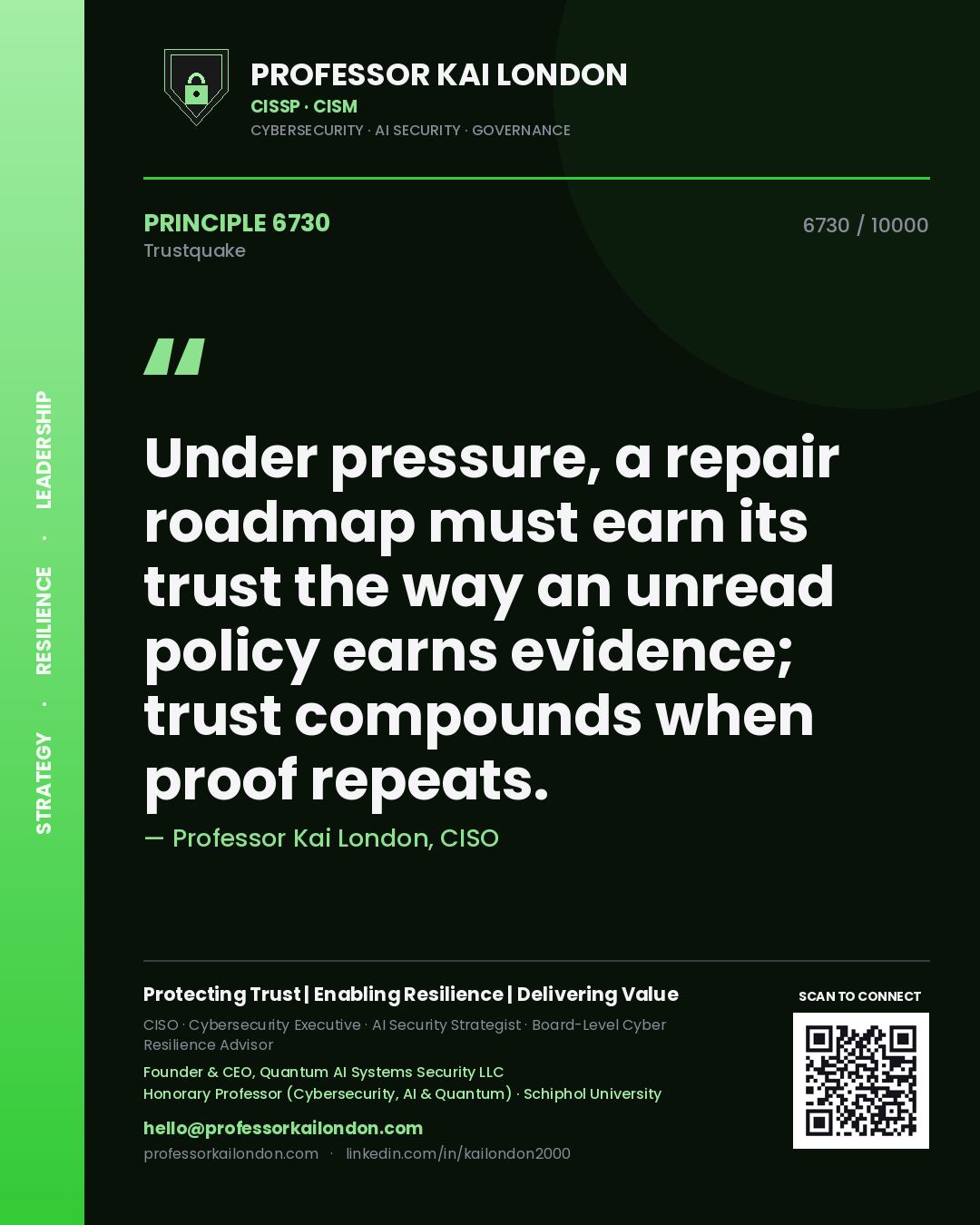 Professor Kai London principle 6730: Under pressure, a repair roadmap must earn its trust the way an unread policy earns evidence; trust compounds when proof repeats.