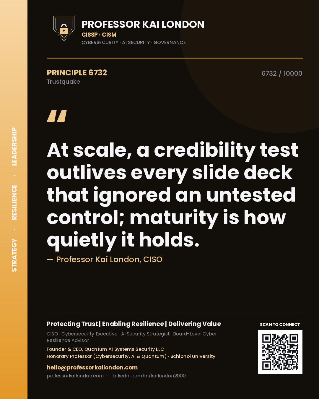 Professor Kai London principle 6732: At scale, a credibility test outlives every slide deck that ignored an untested control; maturity is how quietly it holds.