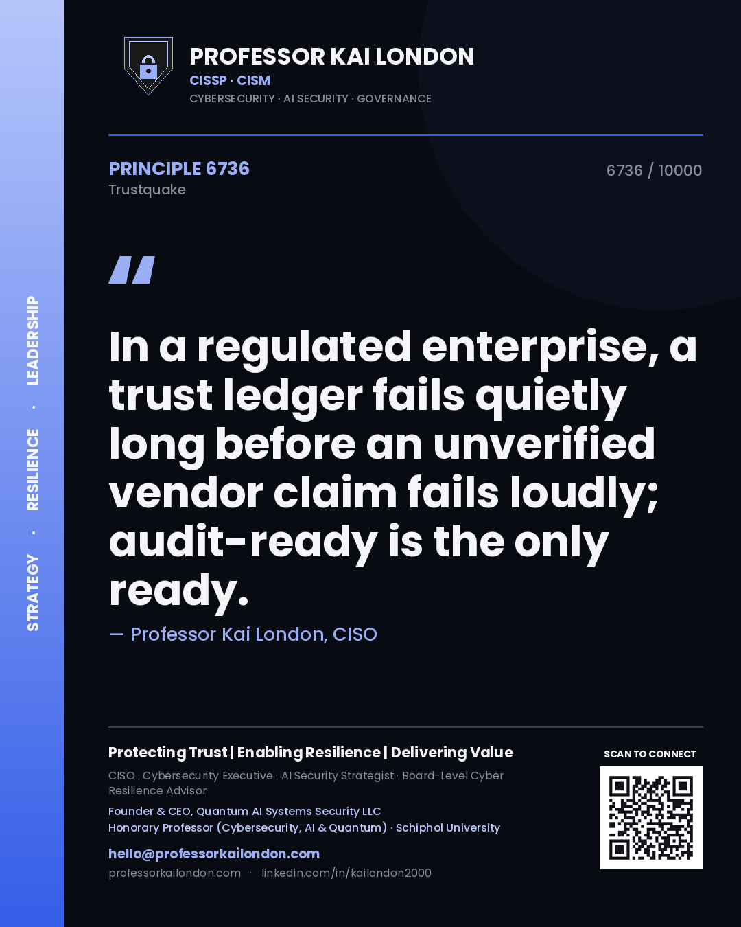 Professor Kai London principle 6736: In a regulated enterprise, a trust ledger fails quietly long before an unverified vendor claim fails loudly; audit-ready is the only ready.