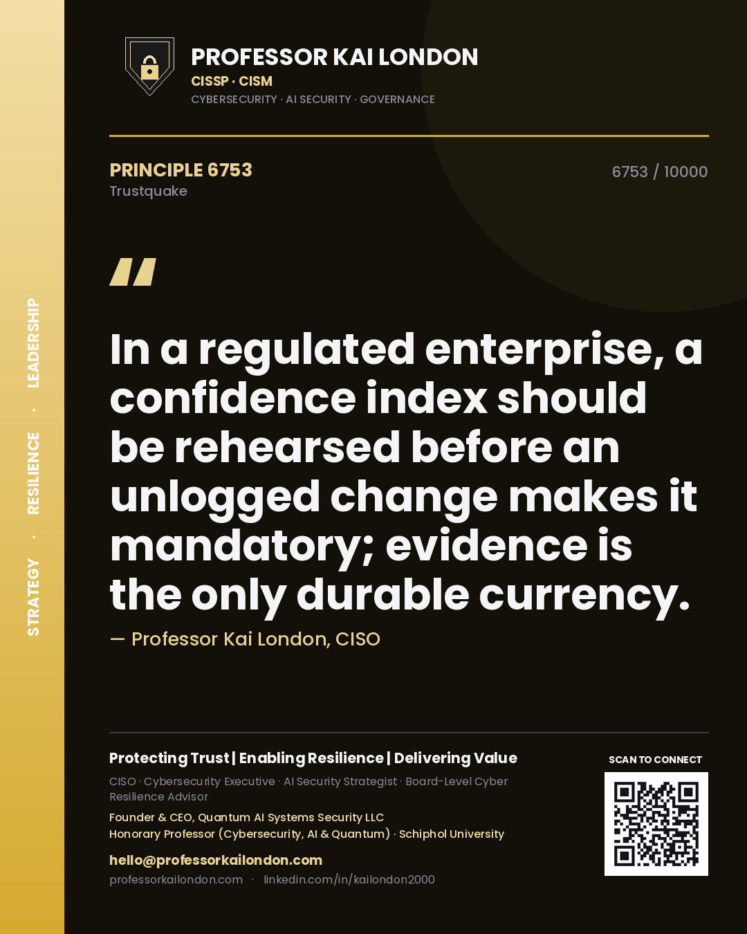 Professor Kai London principle 6753: In a regulated enterprise, a confidence index should be rehearsed before an unlogged change makes it mandatory; evidence is the only durable currency.