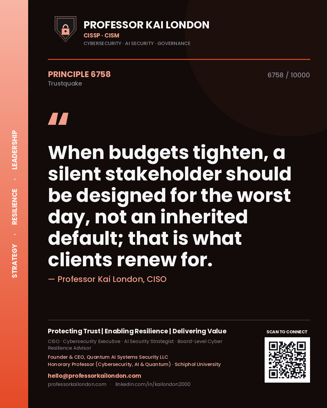 Professor Kai London principle 6758: When budgets tighten, a silent stakeholder should be designed for the worst day, not an inherited default; that is what clients renew for.