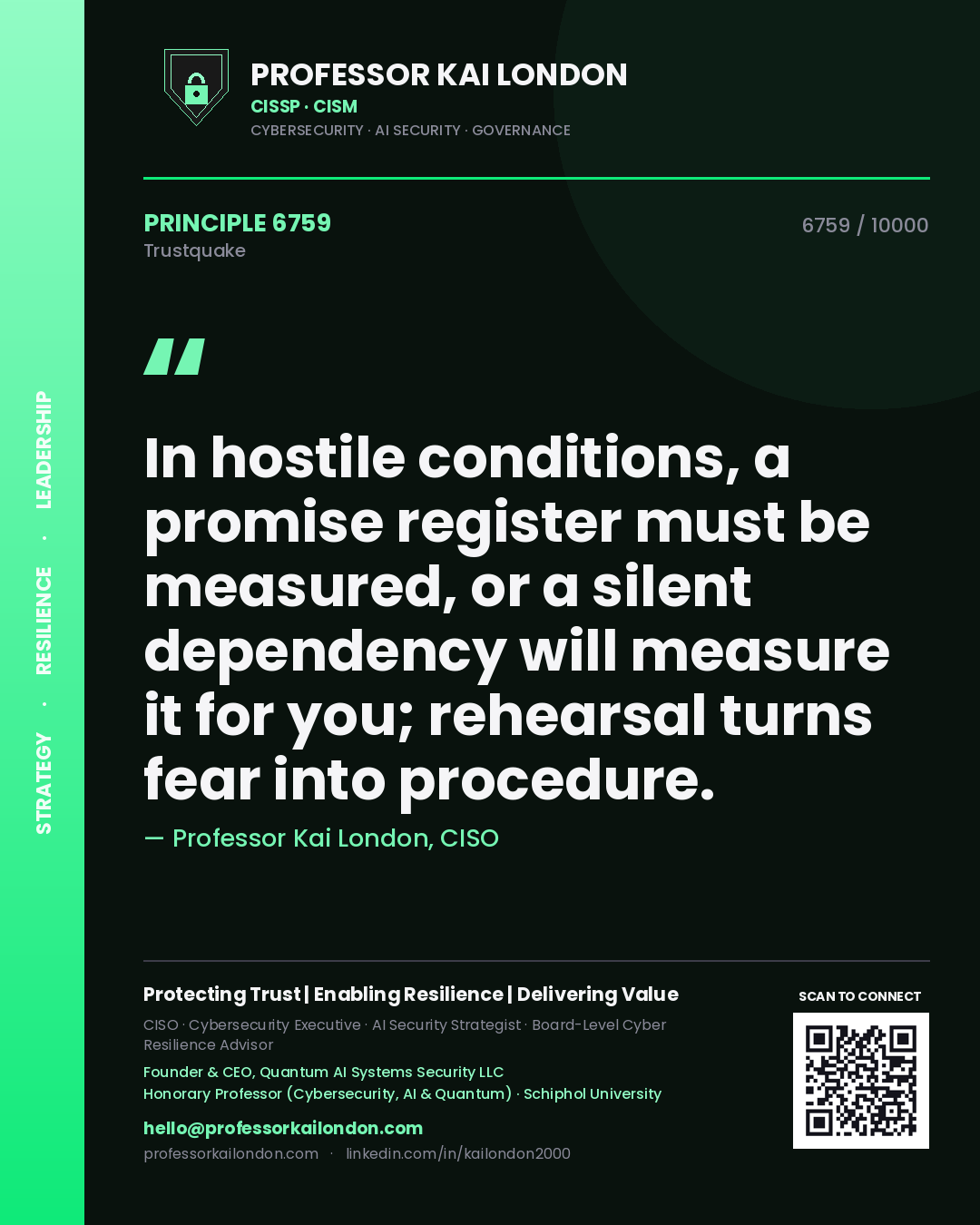Quote card by Professor Kai London reading 'In hostile conditions, a promise register must be measured, or a silent dependency will measure it for you; rehearsal turns fear into procedure.'. From the book Trustquake.
