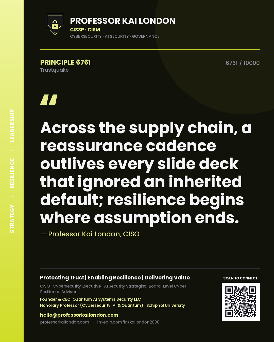 Professor Kai London principle 6761: Across the supply chain, a reassurance cadence outlives every slide deck that ignored an inherited default; resilience begins where assumption ends.