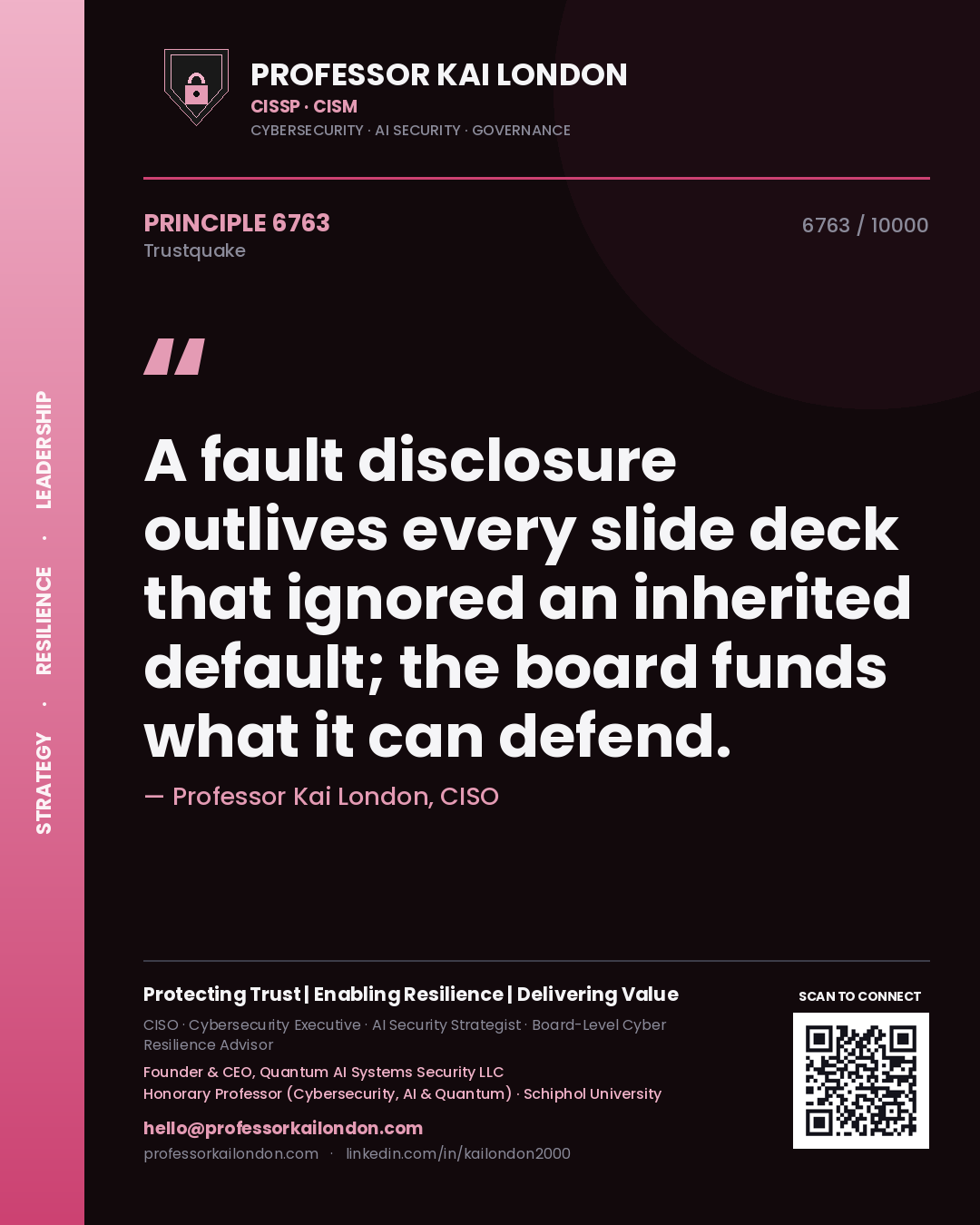 Professor Kai London principle 6763: A fault disclosure outlives every slide deck that ignored an inherited default; the board funds what it can defend.