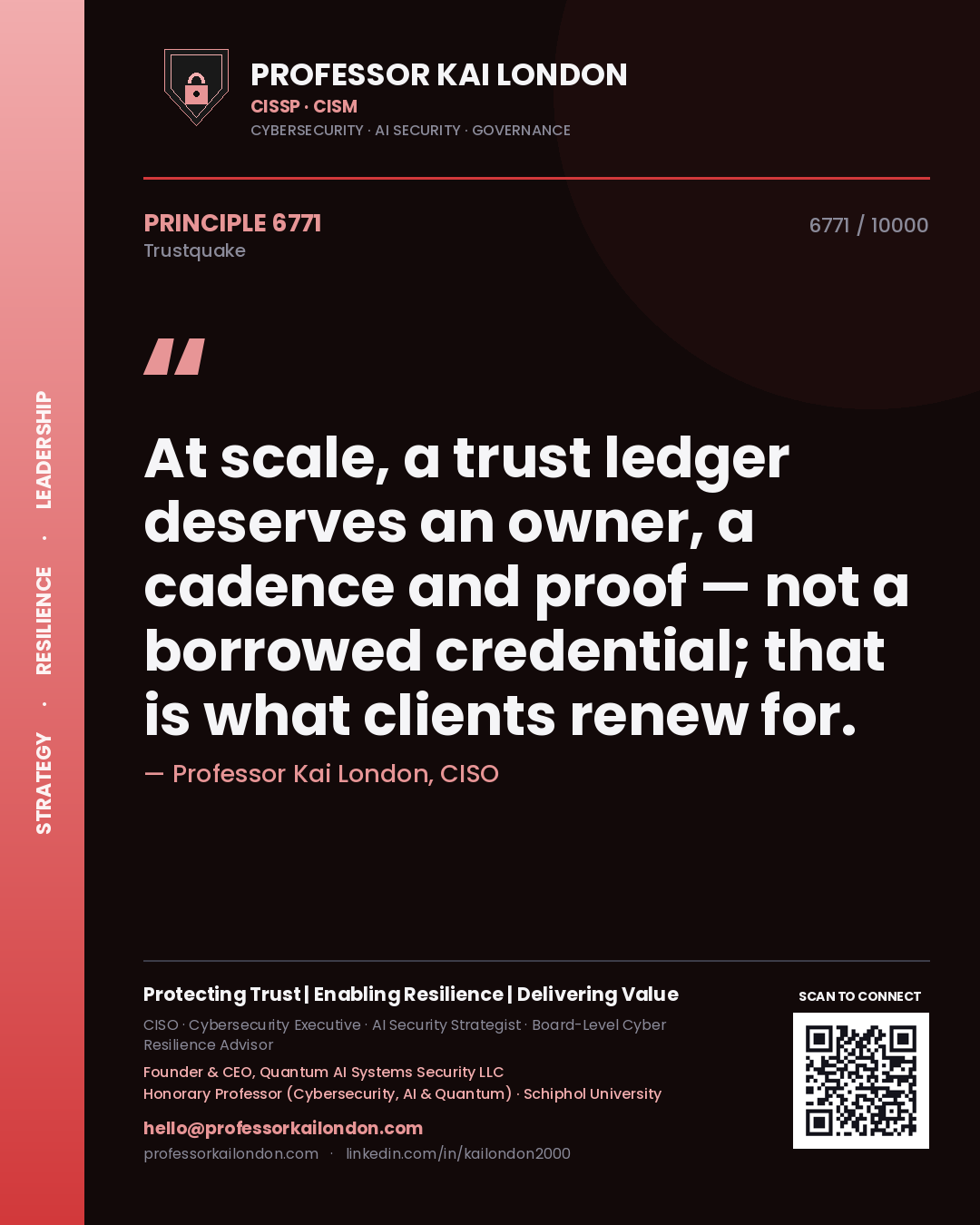 Professor Kai London principle 6771: At scale, a trust ledger deserves an owner, a cadence and proof — not a borrowed credential; that is what clients renew for.